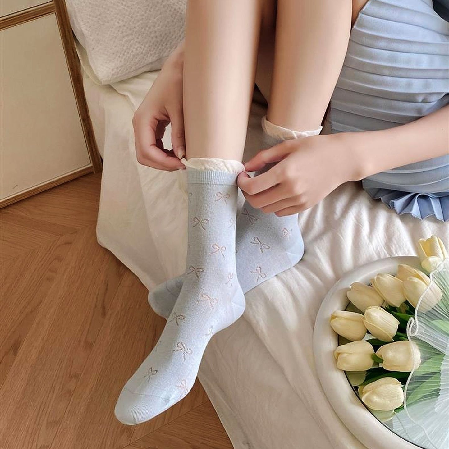 Bow-Patterned Ruffle-Cuff Ankle Socks 6pk