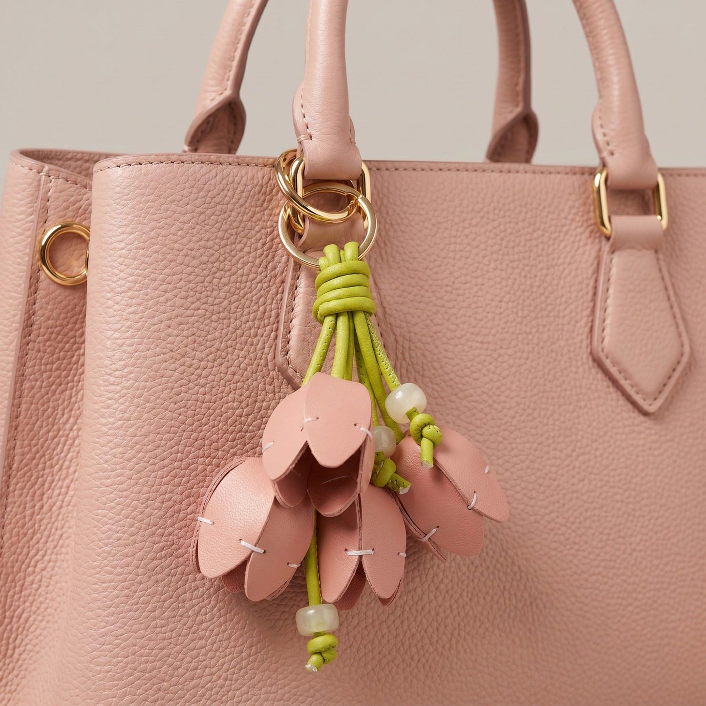 Floral Bag Charm with Pearl Look Beads and Gold Tone Ring