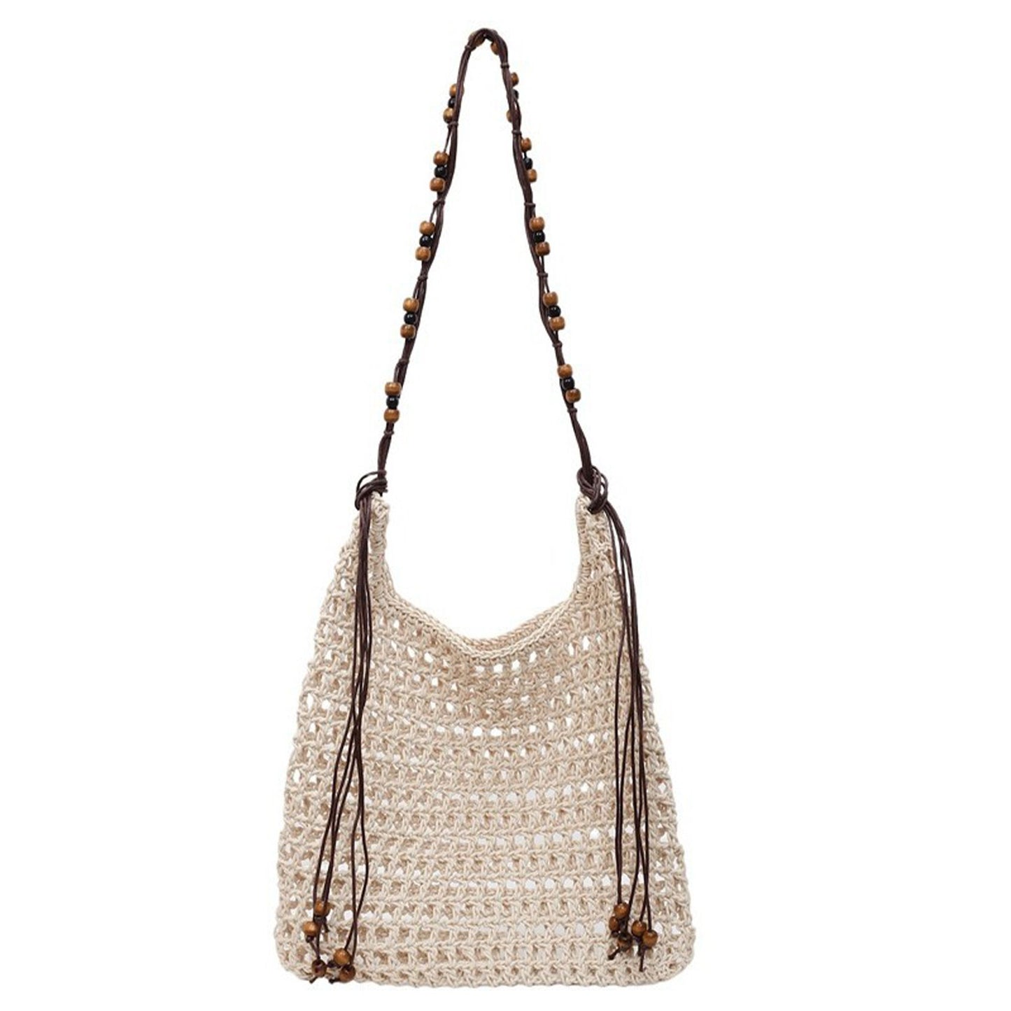 Crochet Shoulder Bag with Beaded Strap Tassel Drawstring Detail Lightweight Knit Hobo Handbag