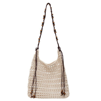 Crochet Shoulder Bag with Beaded Strap Tassel Drawstring Detail Lightweight Knit Hobo Handbag