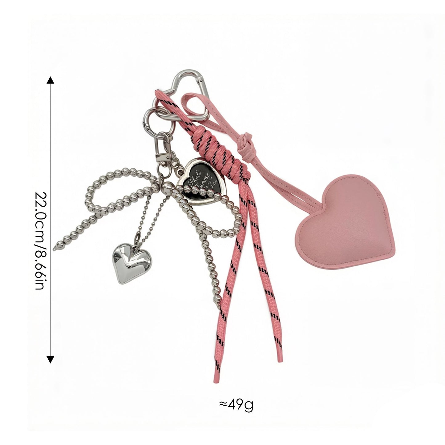 Heart Bag Charm Keychain with Beaded Bow Accent Clip and Faux Leather Heart Pendant
