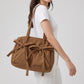 Multi-Pocket Shoulder Tote Bag with Bow-Tie Drawstrings and Top Zipper 11.5x9x5in