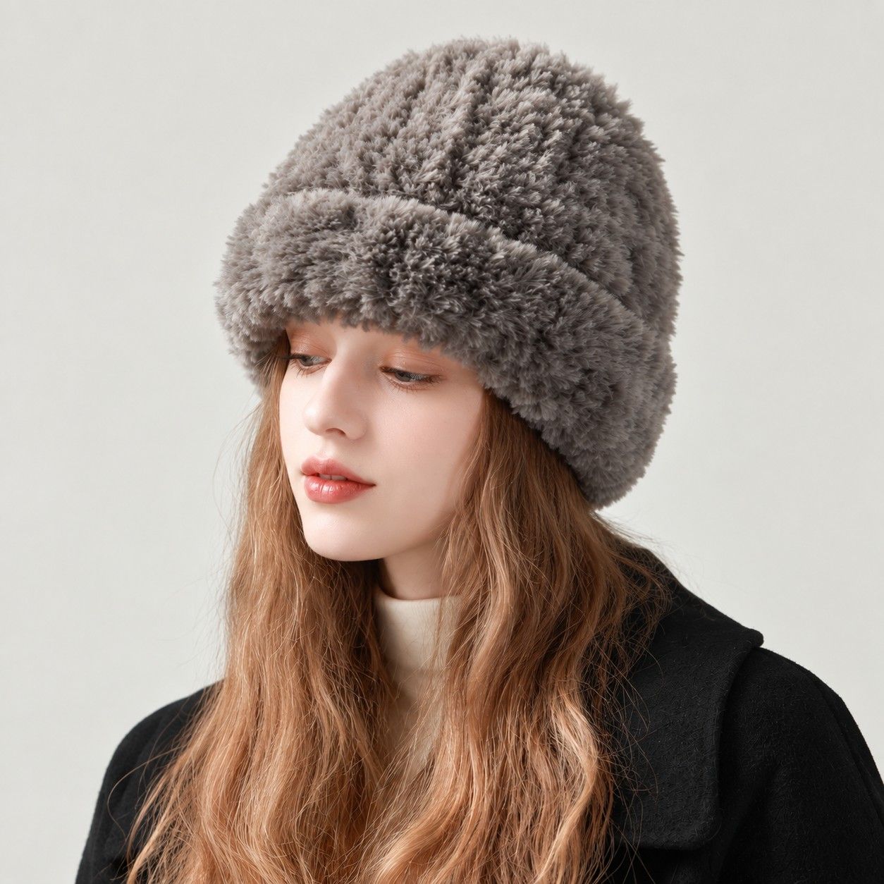 Fuzzy Knit Beanie Hat Soft Plush Cuffed Winter Cold Weather Cap