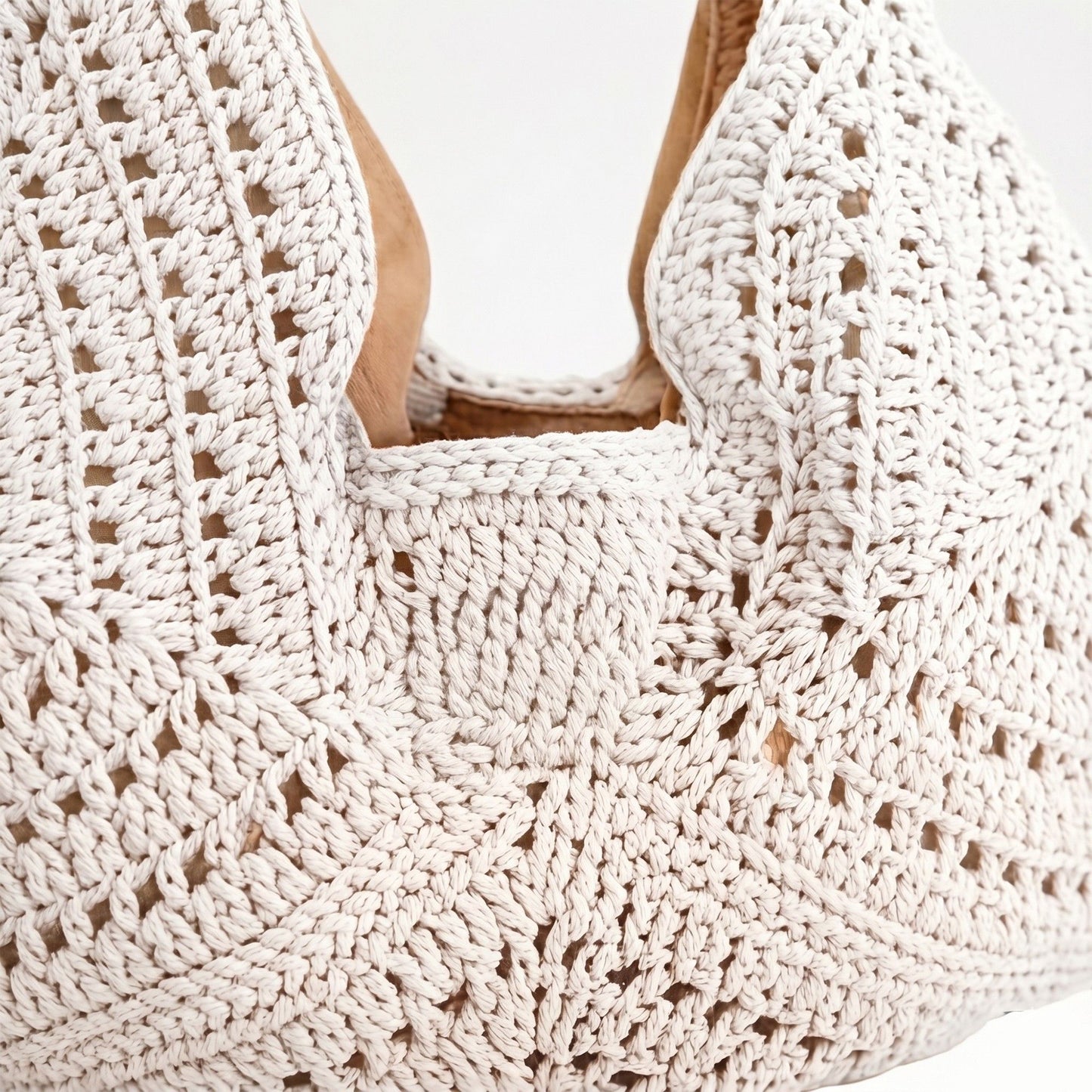Woven Crochet Shoulder Bag with Embroidered Strap Slouchy Hobo Handbag Lightweight Knit Tote