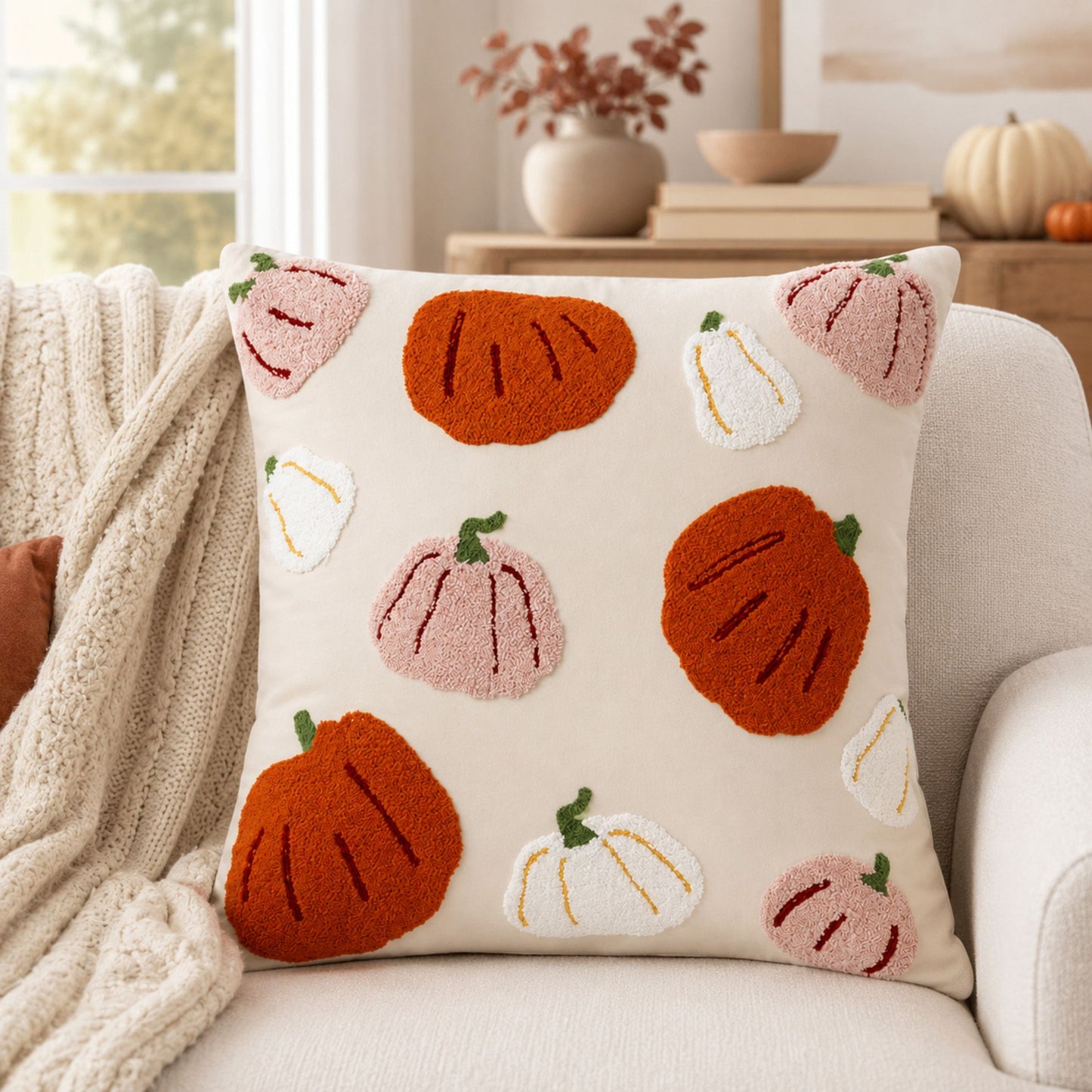 Halloween Pumpkin Embroidered Decorative Throw Pillow Cover 17.7x17.7in