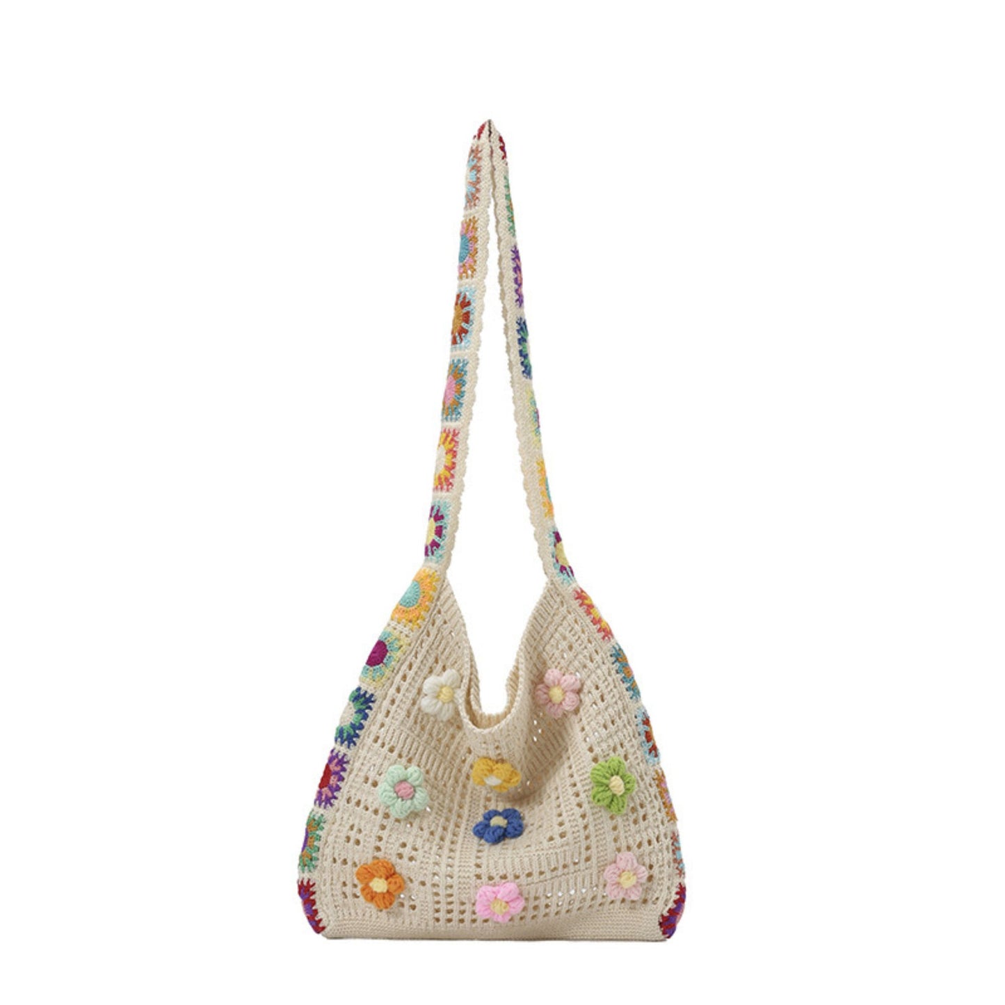 Crochet Shoulder Bag with Flower Applique and Wide Strap
