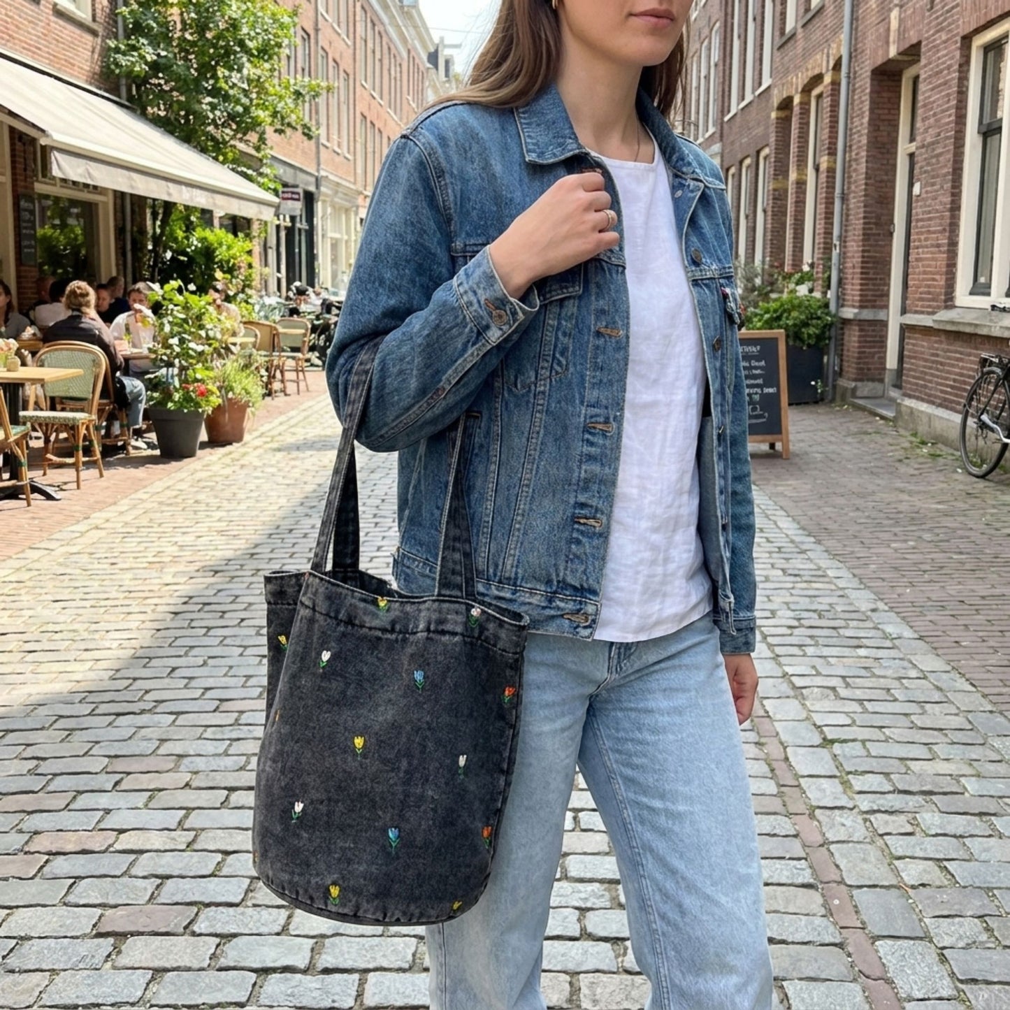Embroidered Floral Bucket Tote Bag with Shoulder Handles