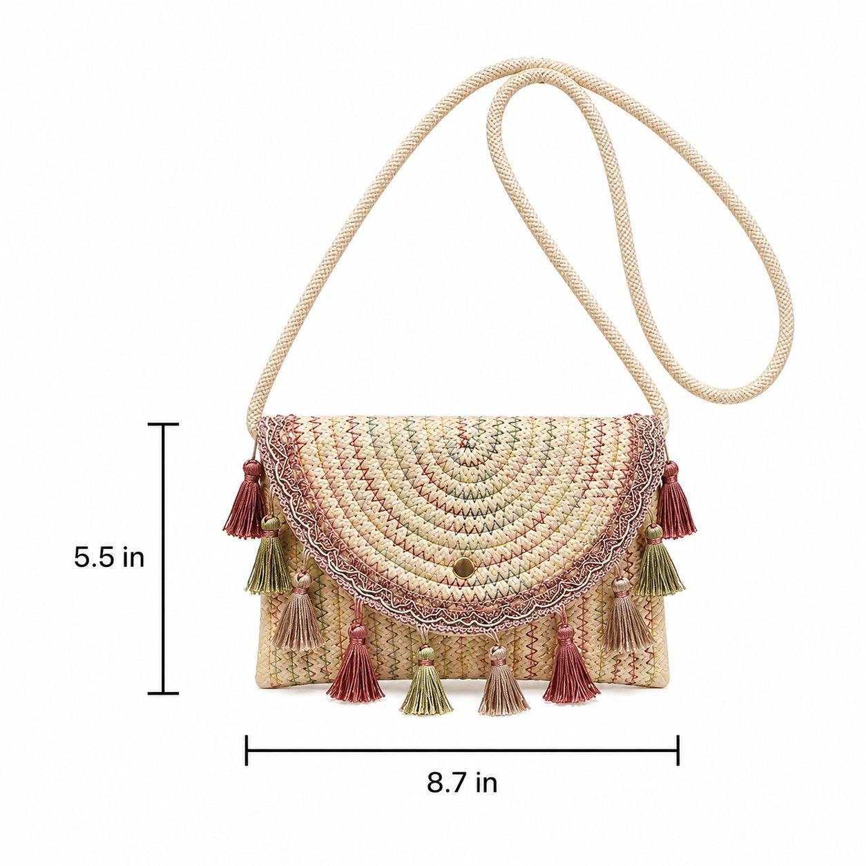 Boho Woven Fabric Crossbody Bag with Tassel Trim and Magnetic Closure