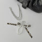 Pearl Bow Chain Bag Charm with Leopard Ribbon Layered Silver Tone Clips for Bags and Jeans