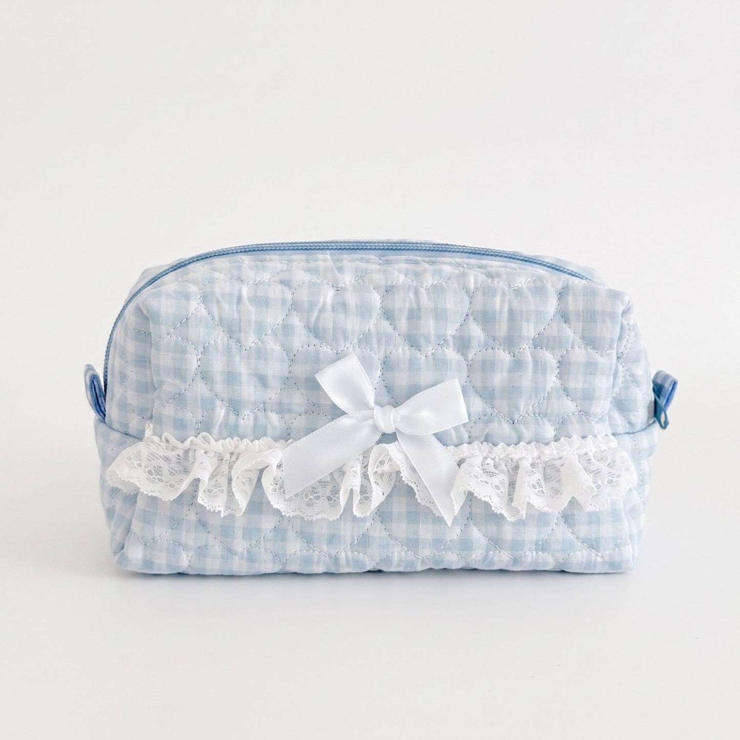 Womens Gingham Quilted Cosmetic Bag with Lace Bow Detail