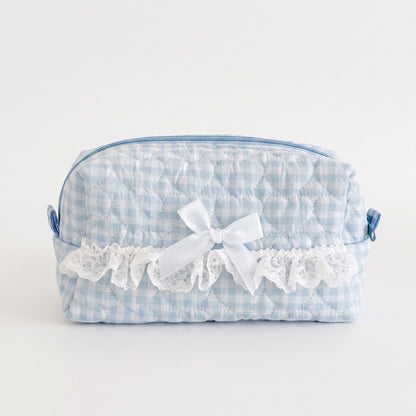 Womens Gingham Quilted Cosmetic Bag with Lace Bow Detail