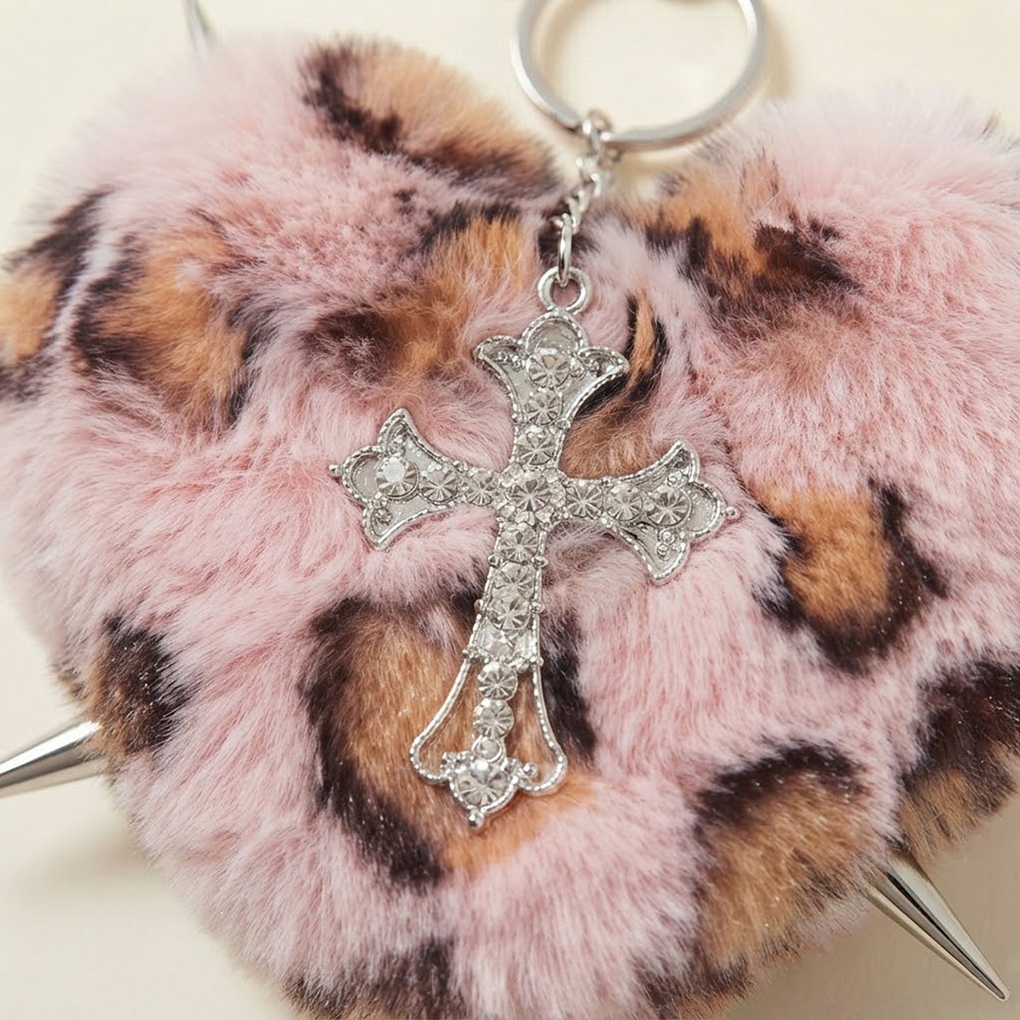 Punk Heart Faux Fur Keychain Rivet Cross Bag Charm Set
