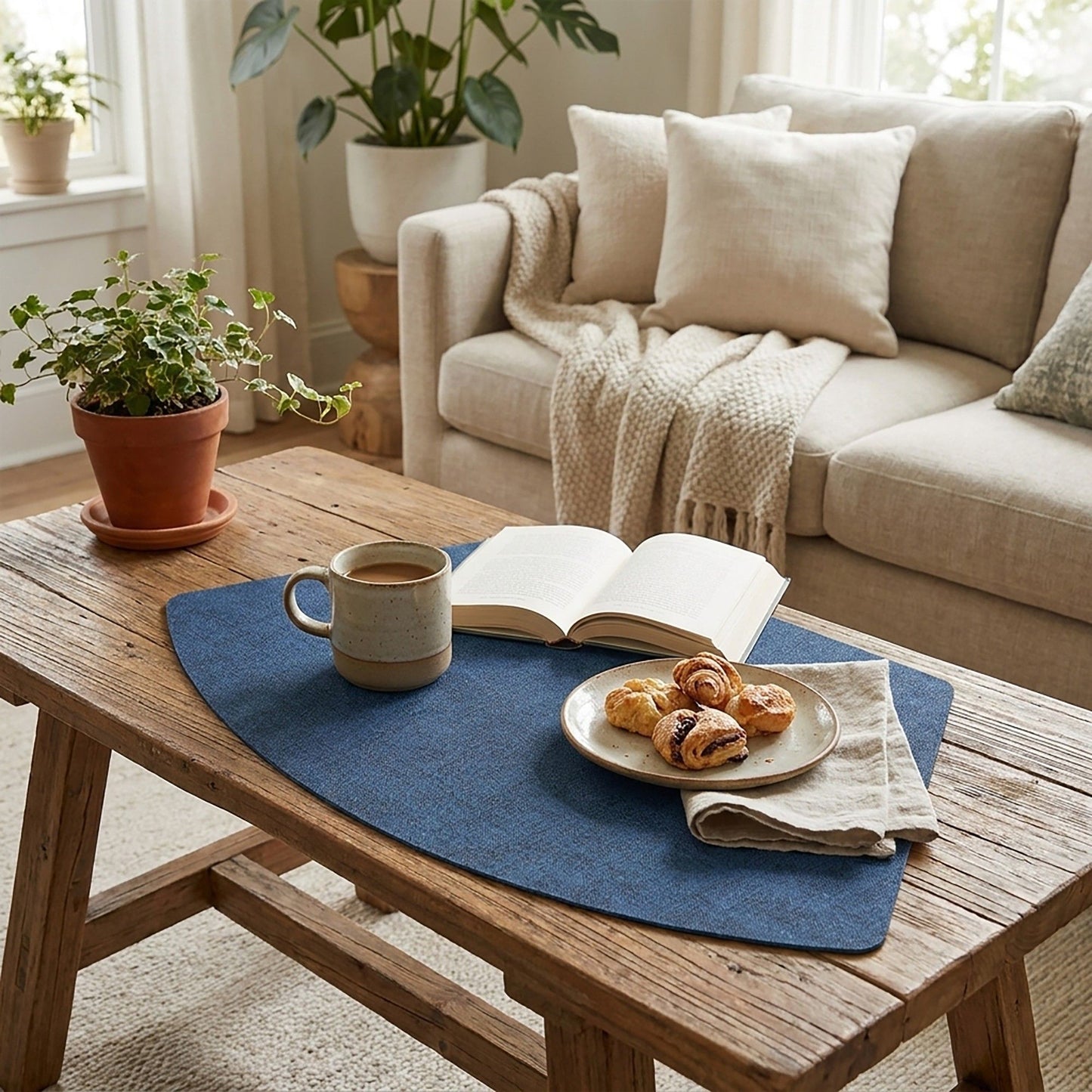 6 Piece Fan Shaped Faux Linen Placemat Set Waterproof Heat Resistant Table Mats for Dining Table