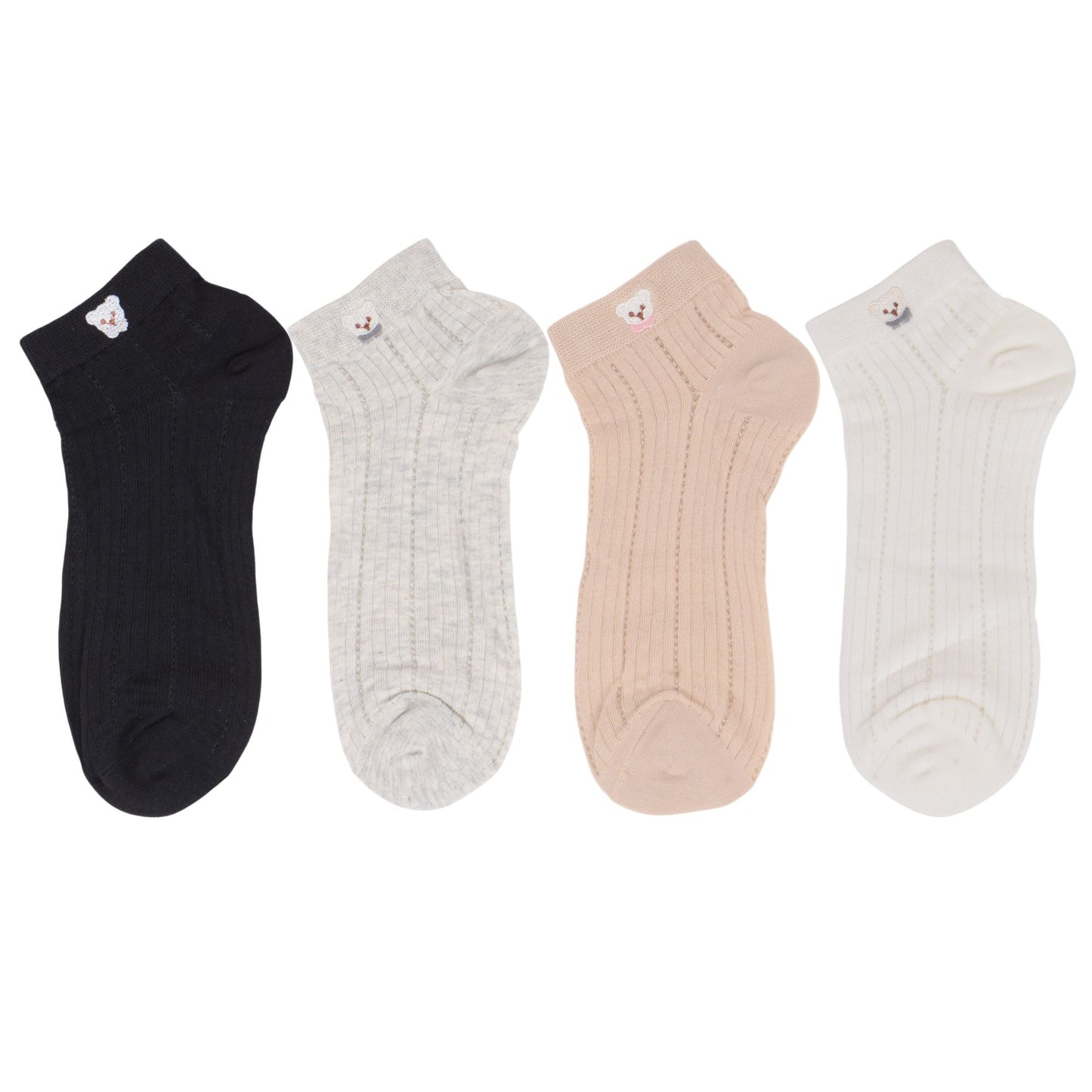 4 Pairs Women's Ankle Mesh Socks with Bear Embroidery Lightweight Breathable Knit and Elastic Cuffs