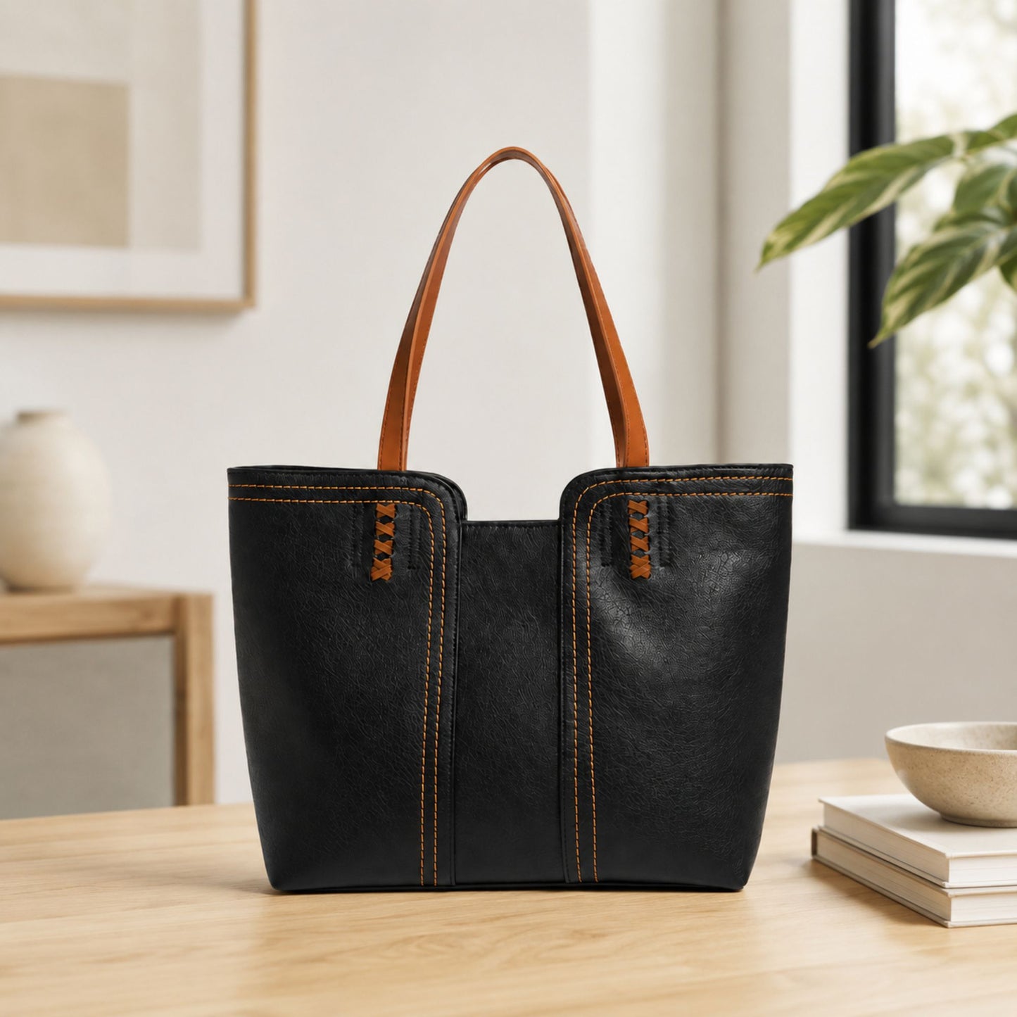 Faux Leather Tote Bag Shoulder Handbag with Zipper Closure for Work