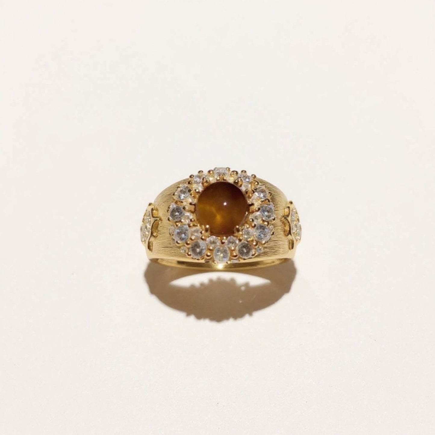 Oval Gemstone Statement Ring with Crystal Halo and Textured Band