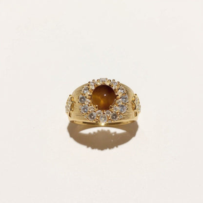 Oval Gemstone Statement Ring with Crystal Halo and Textured Band