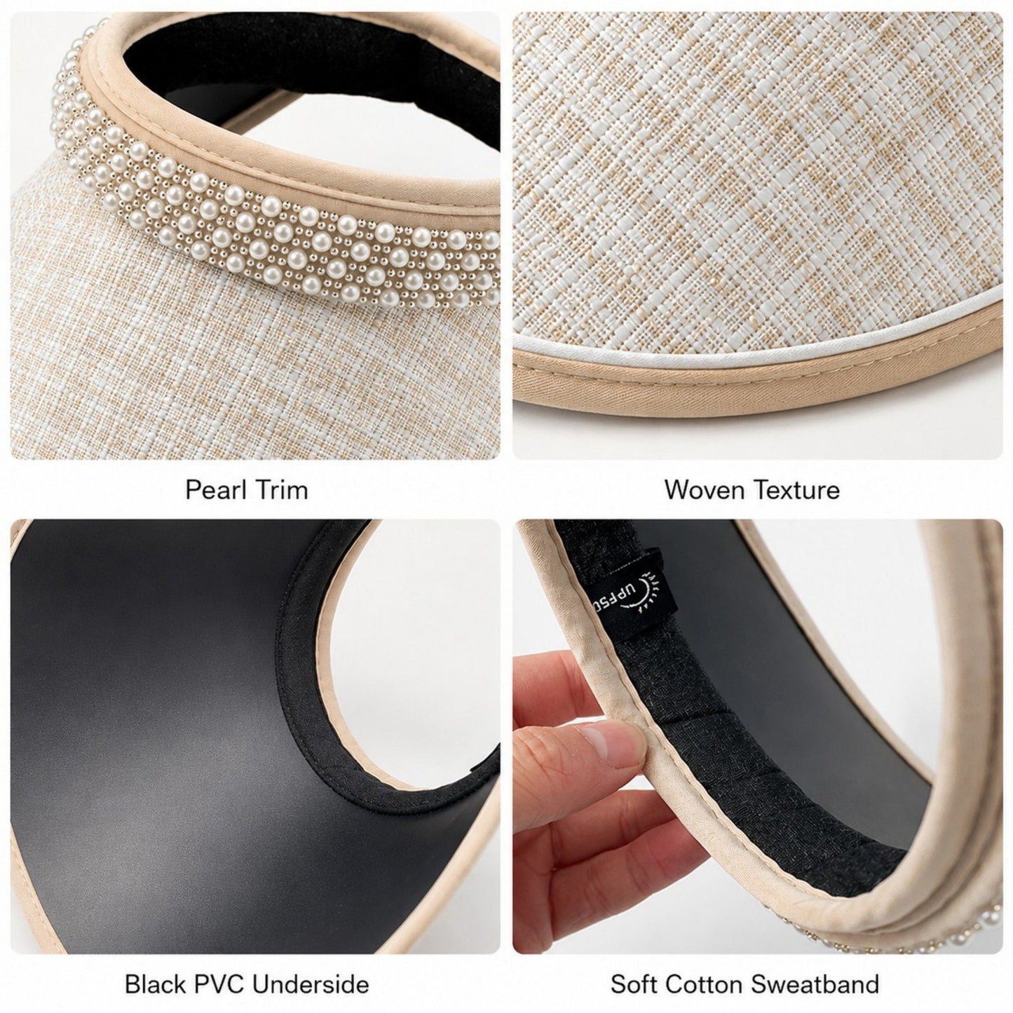 Wide Brim Visor Hat with Faux Pearl Embellished Band and Open Top Design