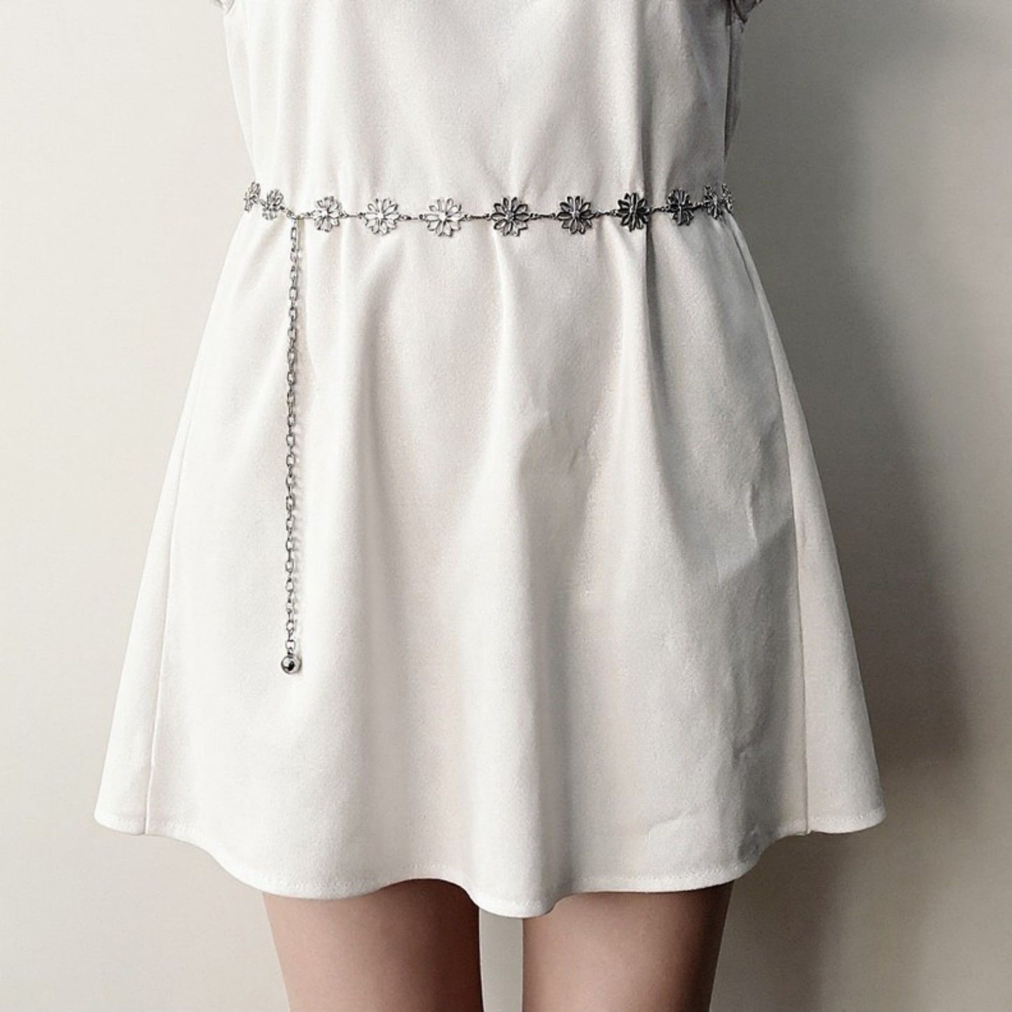 Floral Metal Chain Belt with Adjustable Link and Drop Detail 45.5in