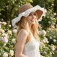 Crochet Sun Hat with Sheer Ruffle Wide Brim and Pearl Trim Detail