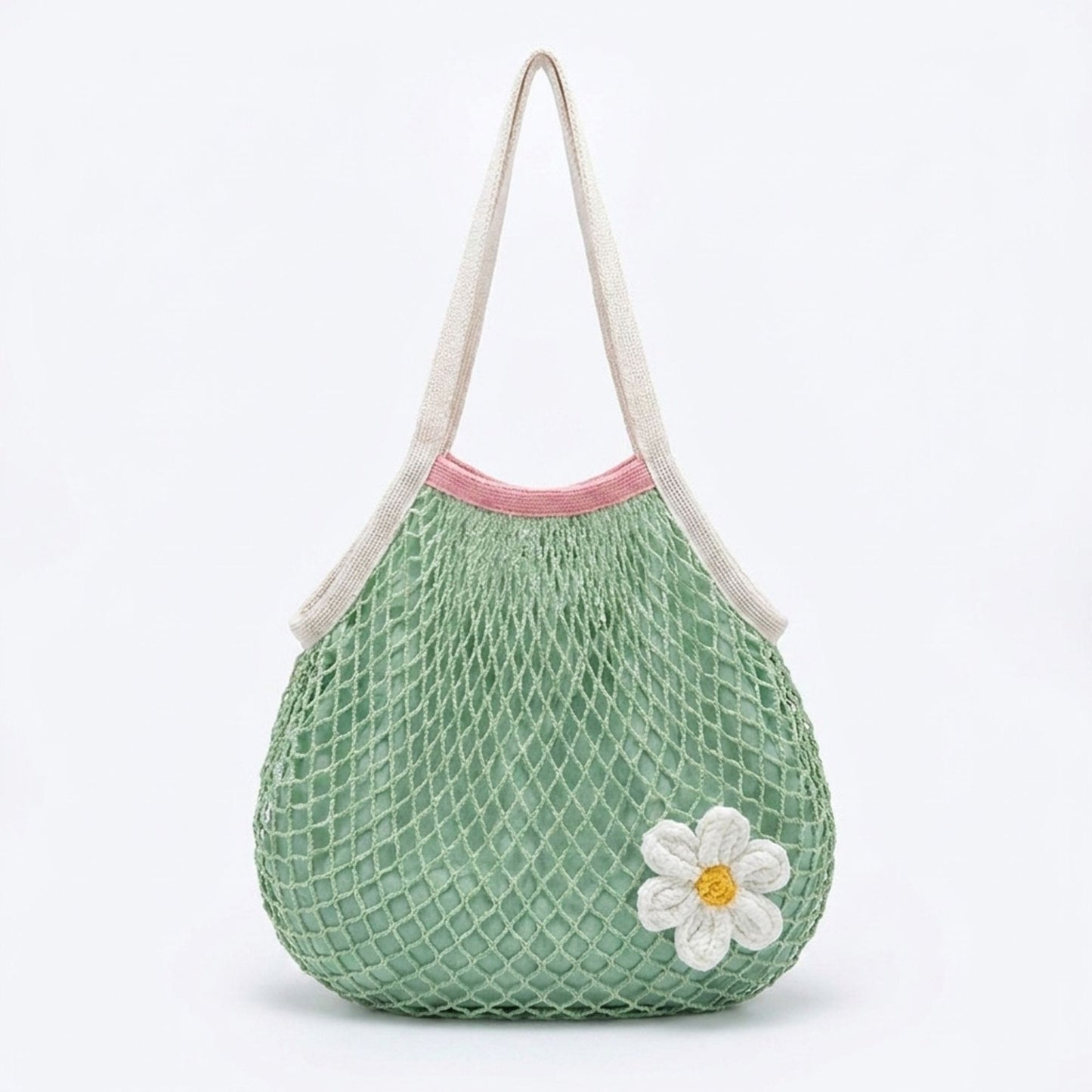Crochet Style Net Tote Bag with Daisy Accent and Shoulder Straps