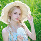 Crochet Wide Brim Sun Hat with Lace Trim Bow Accent and Wavy Brim