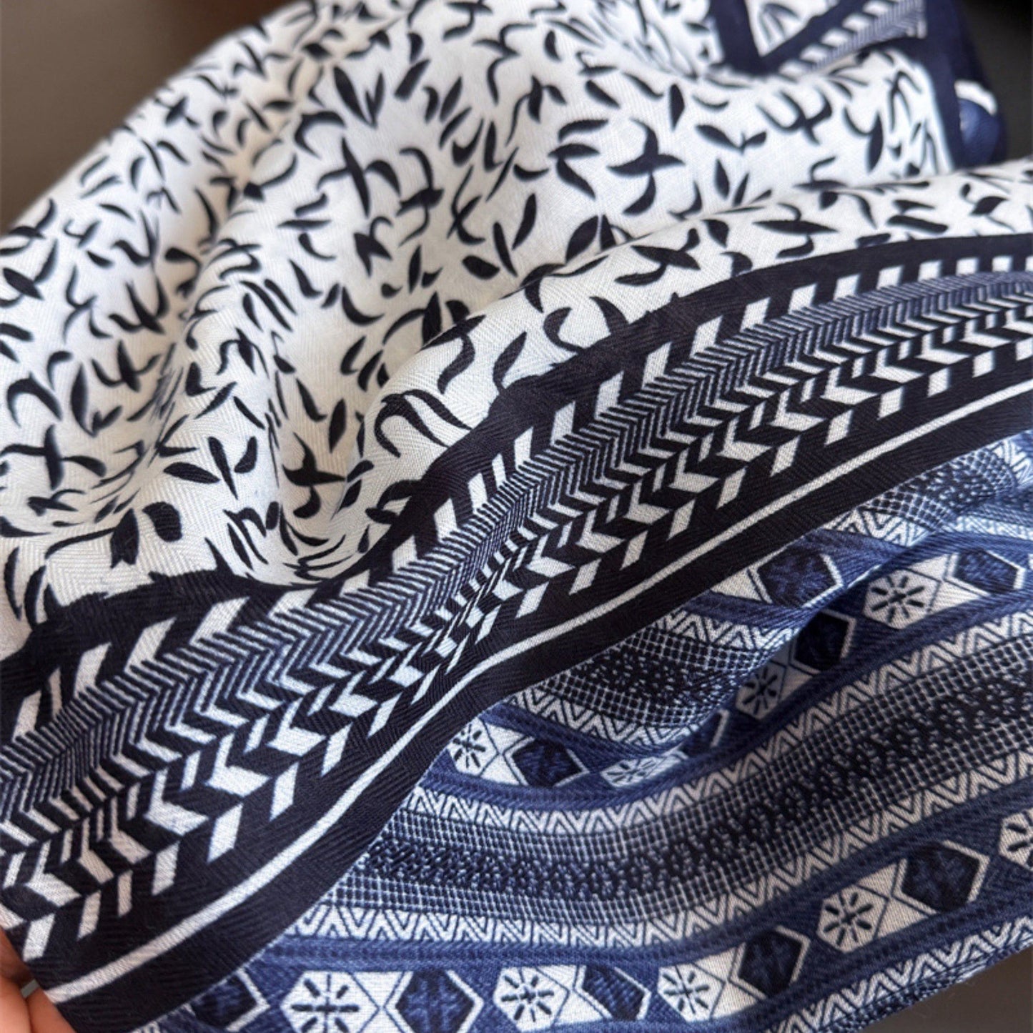 Geometric and Leaf Print Satin Square Scarf with Contrasting Patterns 27x27in
