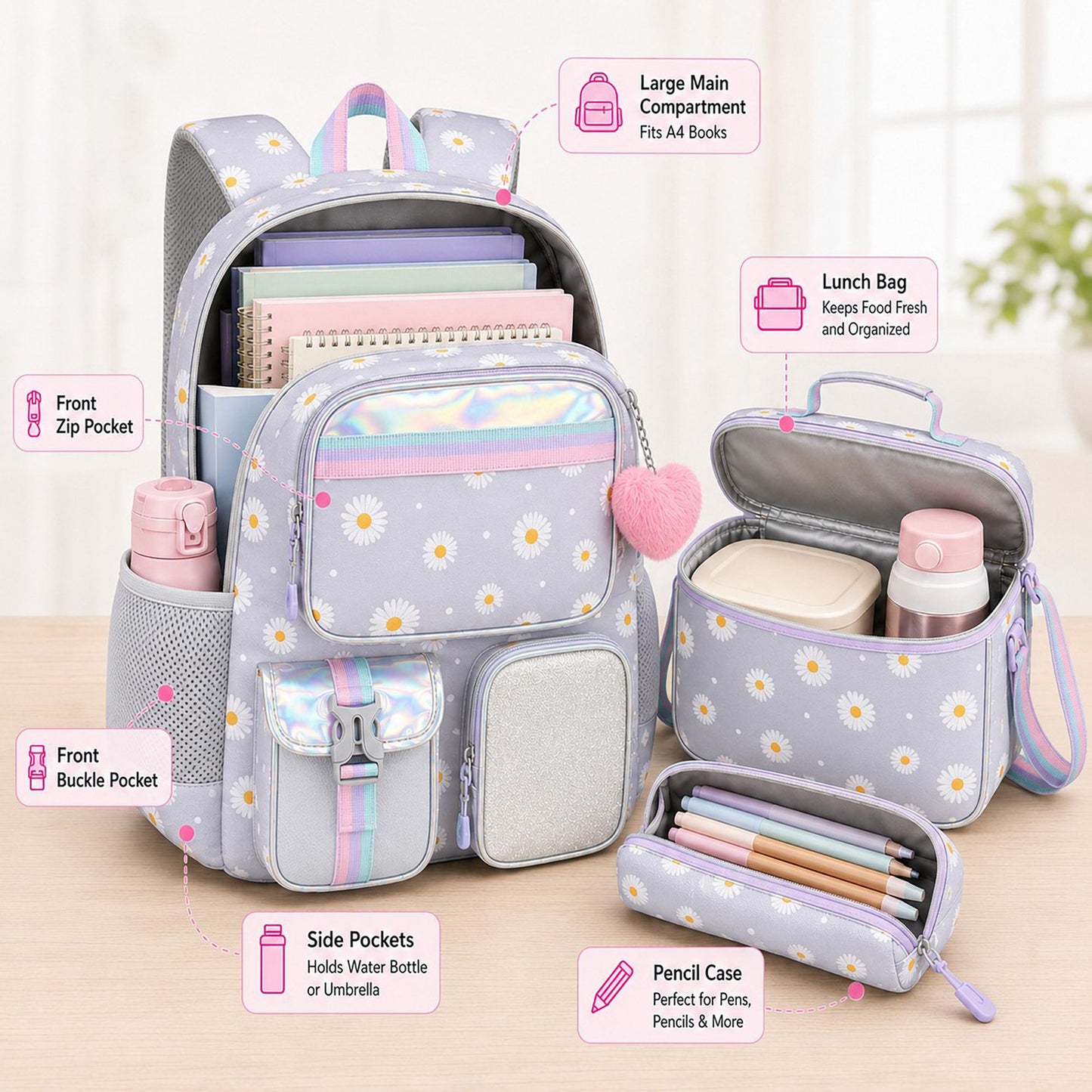 3pc Daisy Print School Backpack Lunch Bag Pencil Case Set