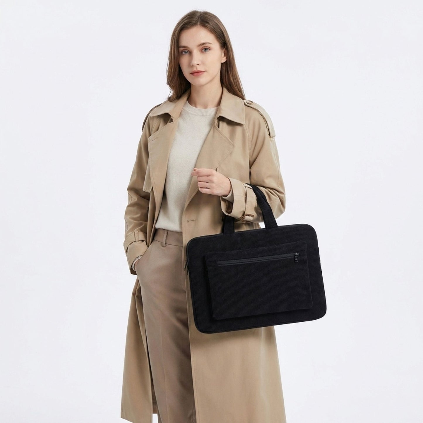 Corduroy Laptop Bag Large Capacity Work Tote with Front Zipper Pocket