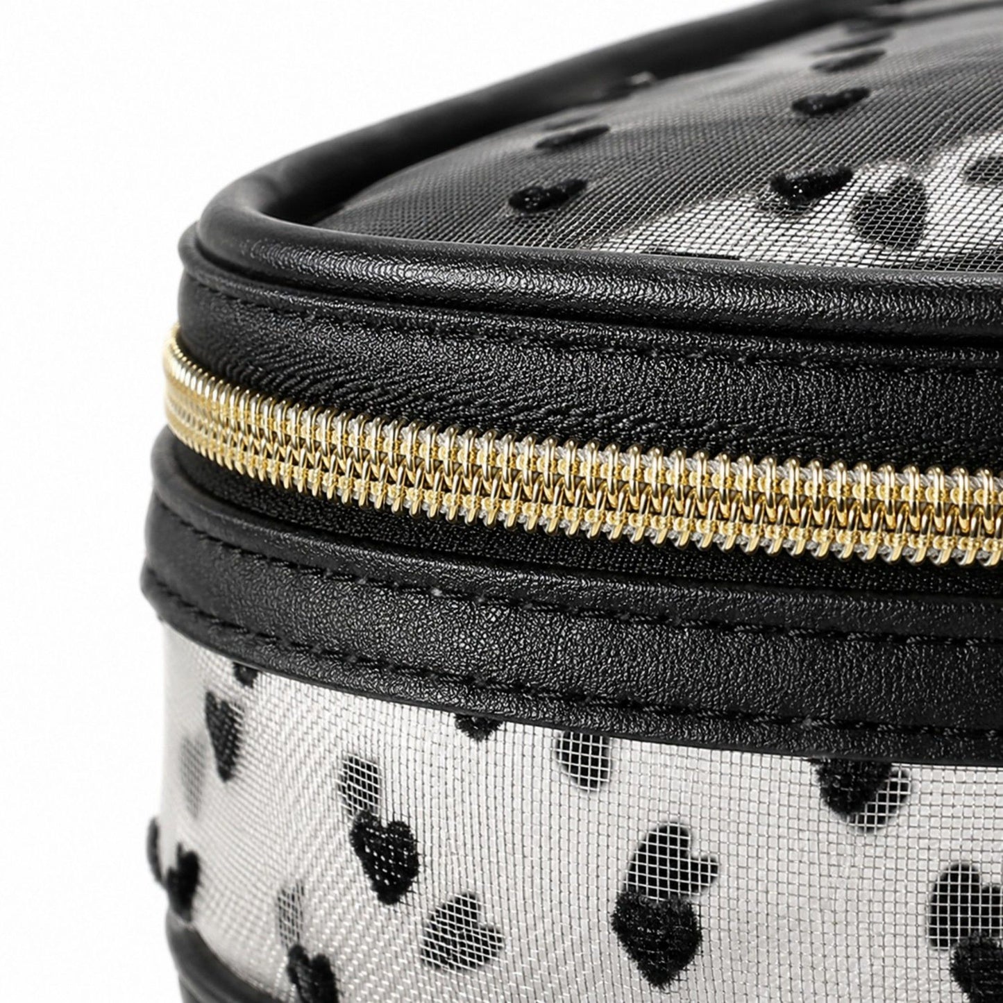 Two-Tier Cosmetic Organizer Bag with Heart Print Mesh Panels Gold Zippers and Carry Handle