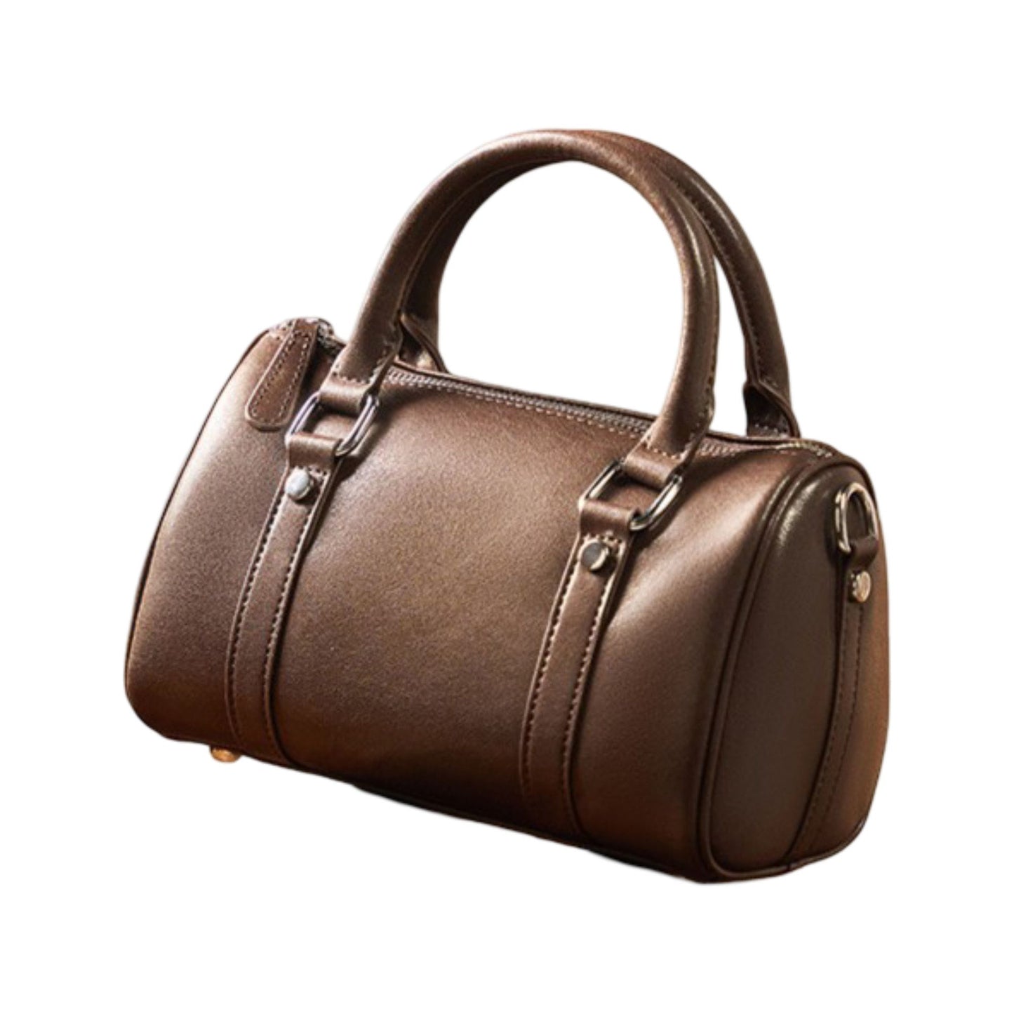 Structured Leather Barrel Satchel with Top Handles Compact Cylinder Shape and Crossbody Option