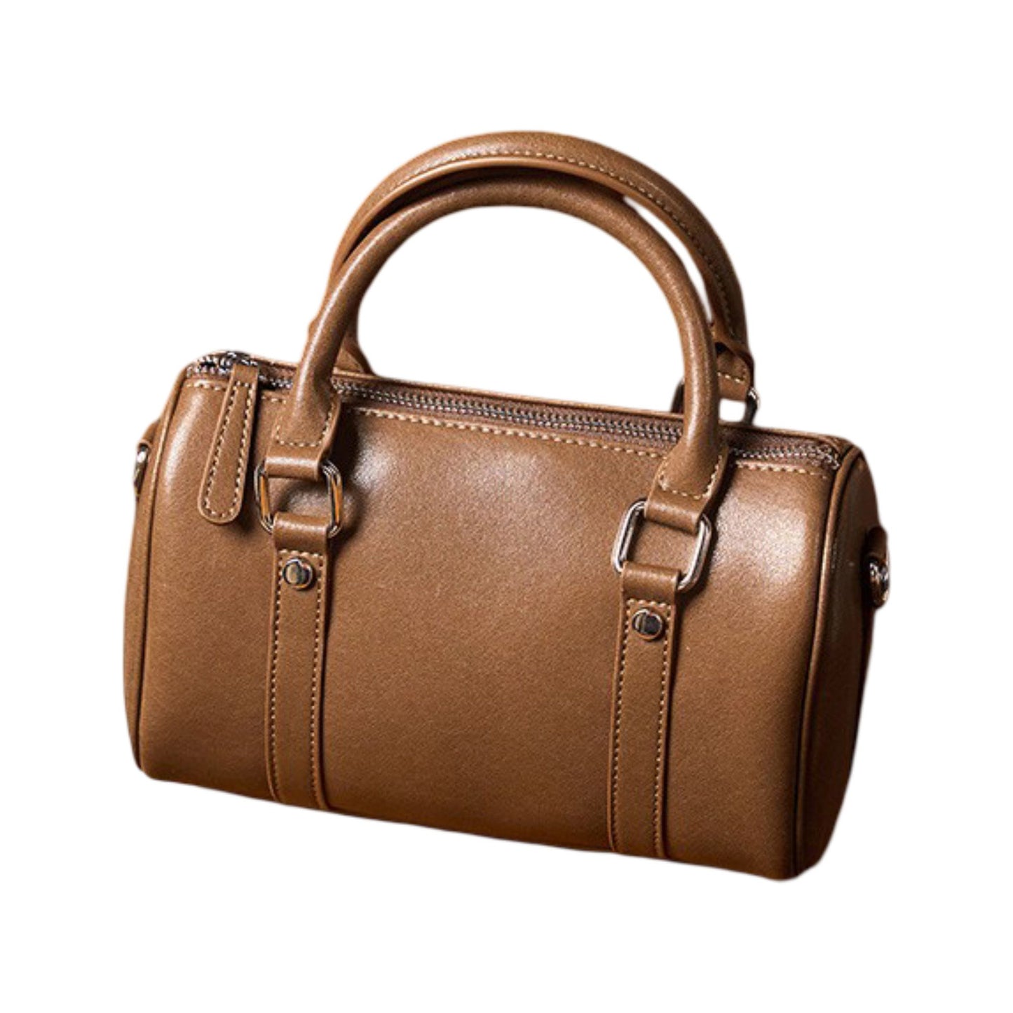 Structured Leather Barrel Satchel with Top Handles Compact Cylinder Shape and Crossbody Option