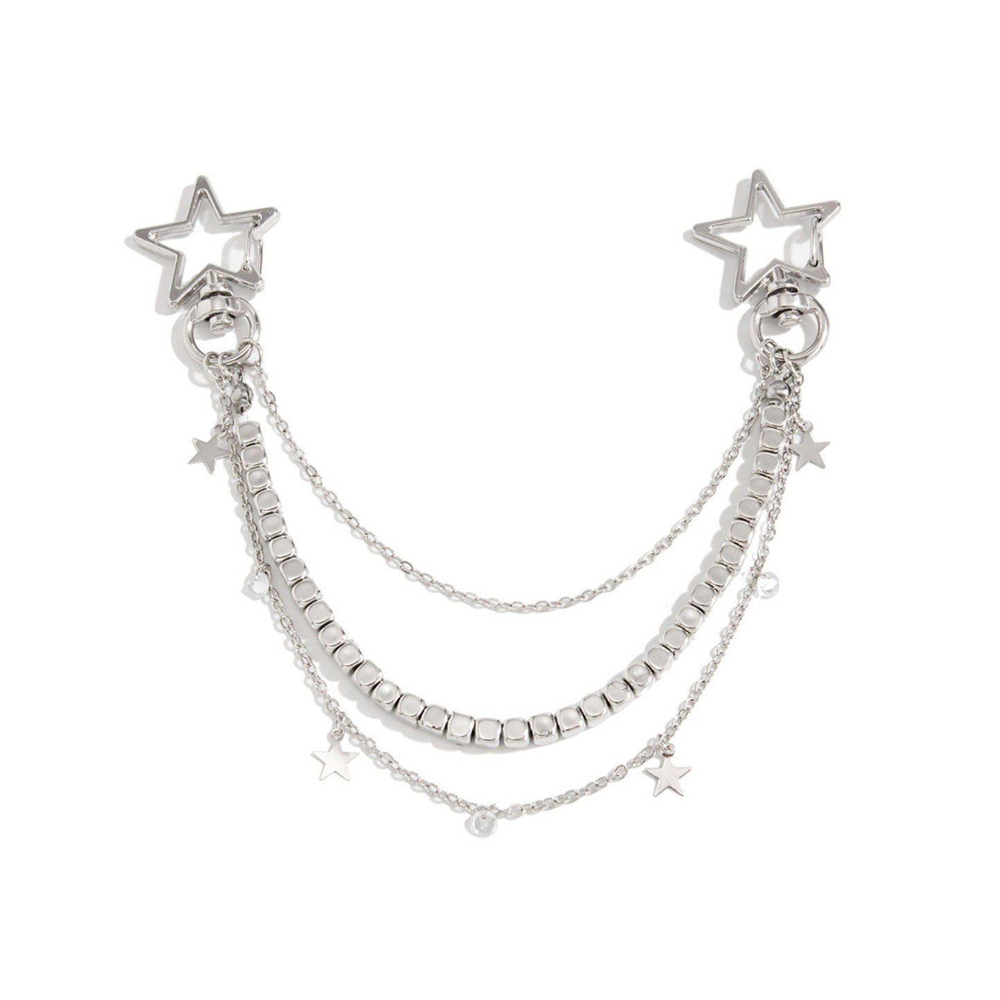 Star Chain Bag Charm with Layered Silver Tone Chains Dual Clips for Jeans Bags and Keys