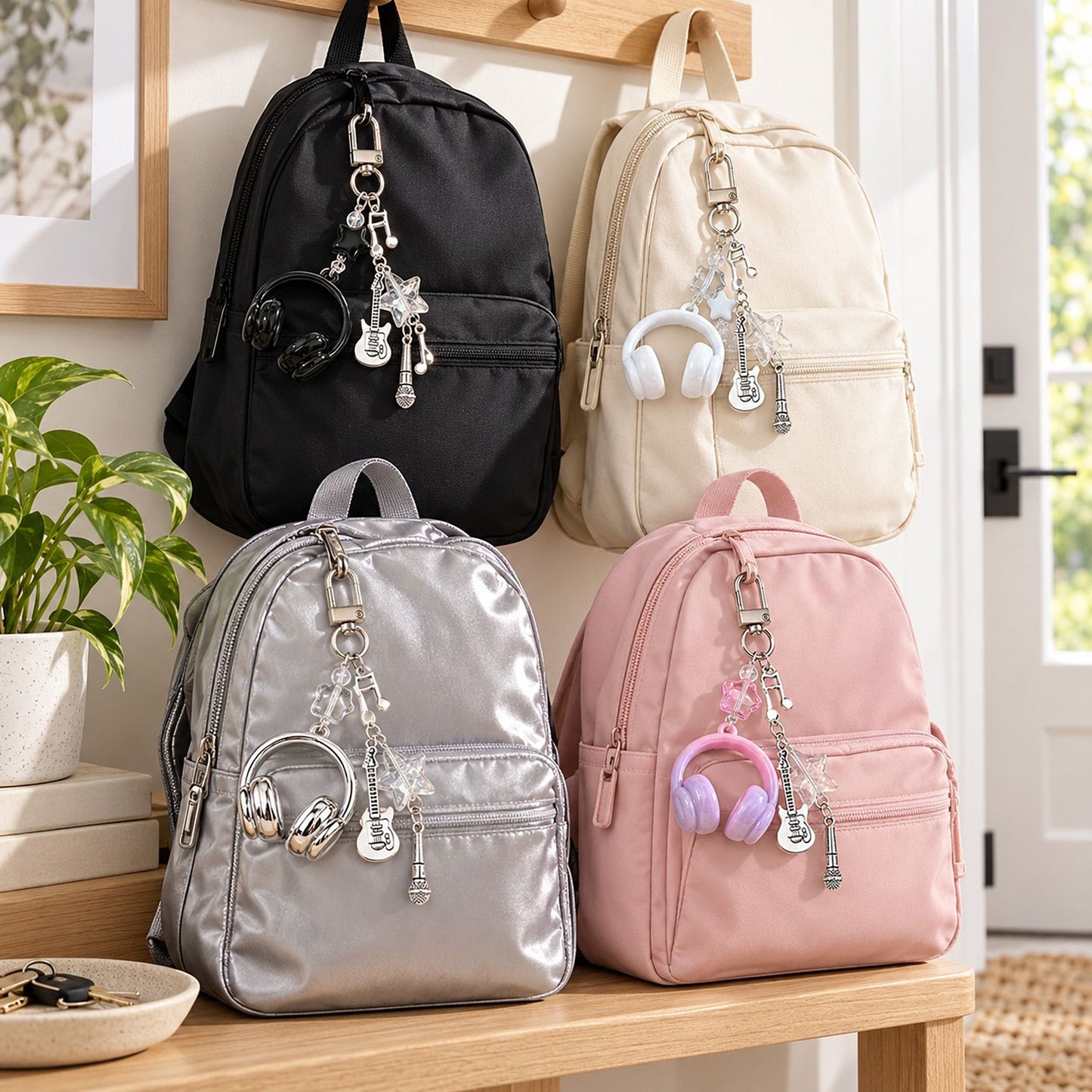 Music Theme Headphones Guitar Microphone Keychain Set
