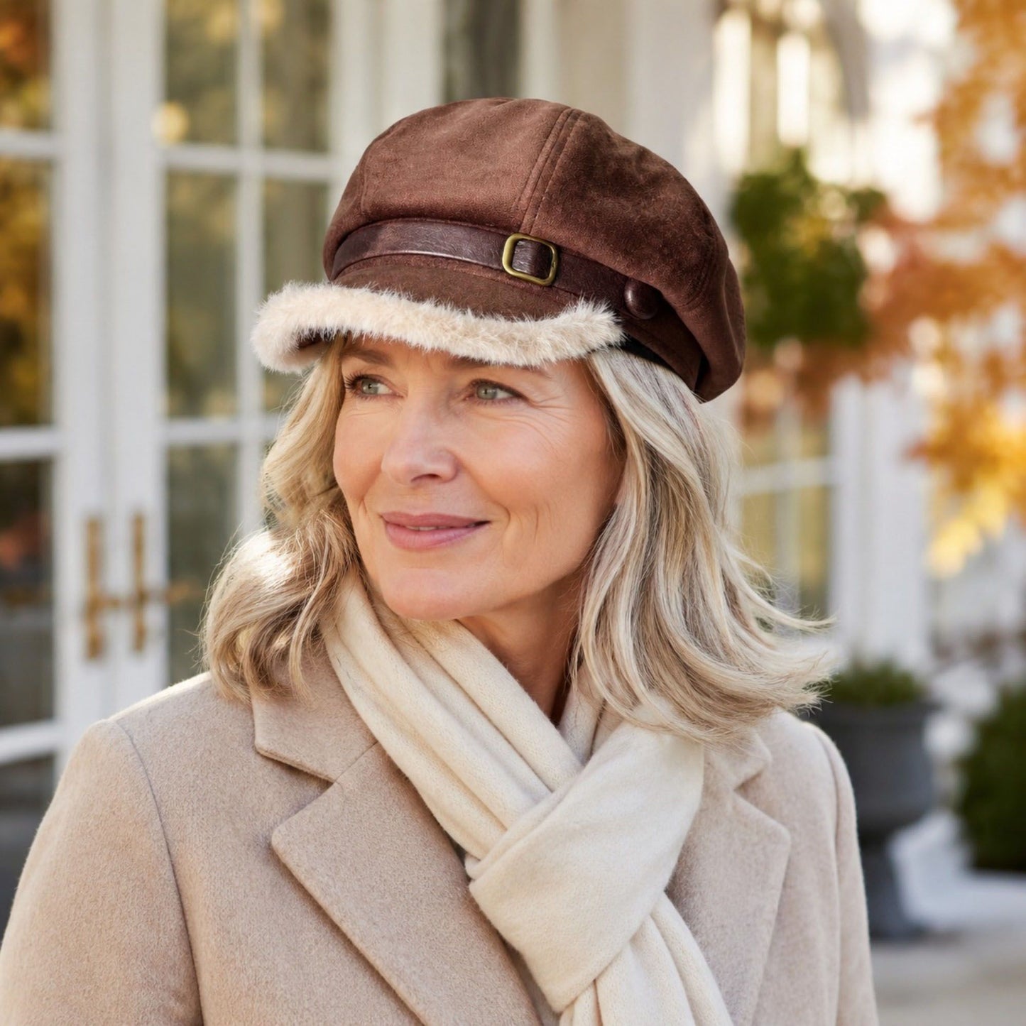 Faux Suede Newsboy Cap with Faux Fur Trim