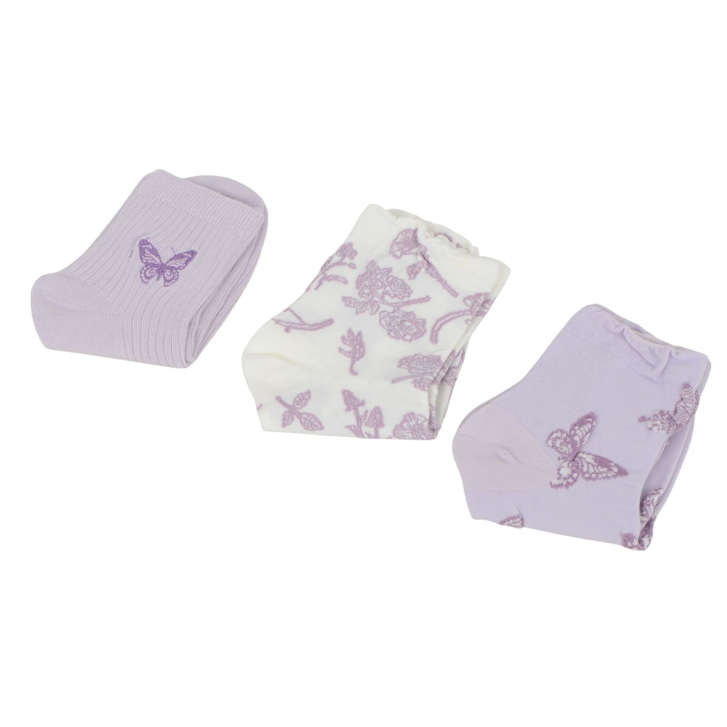 Renaissance Women 3-Pair Ankle Socks Set Assorted Patterns Featuring Colorblock, Cartoon Characters, and Butterfly Prints