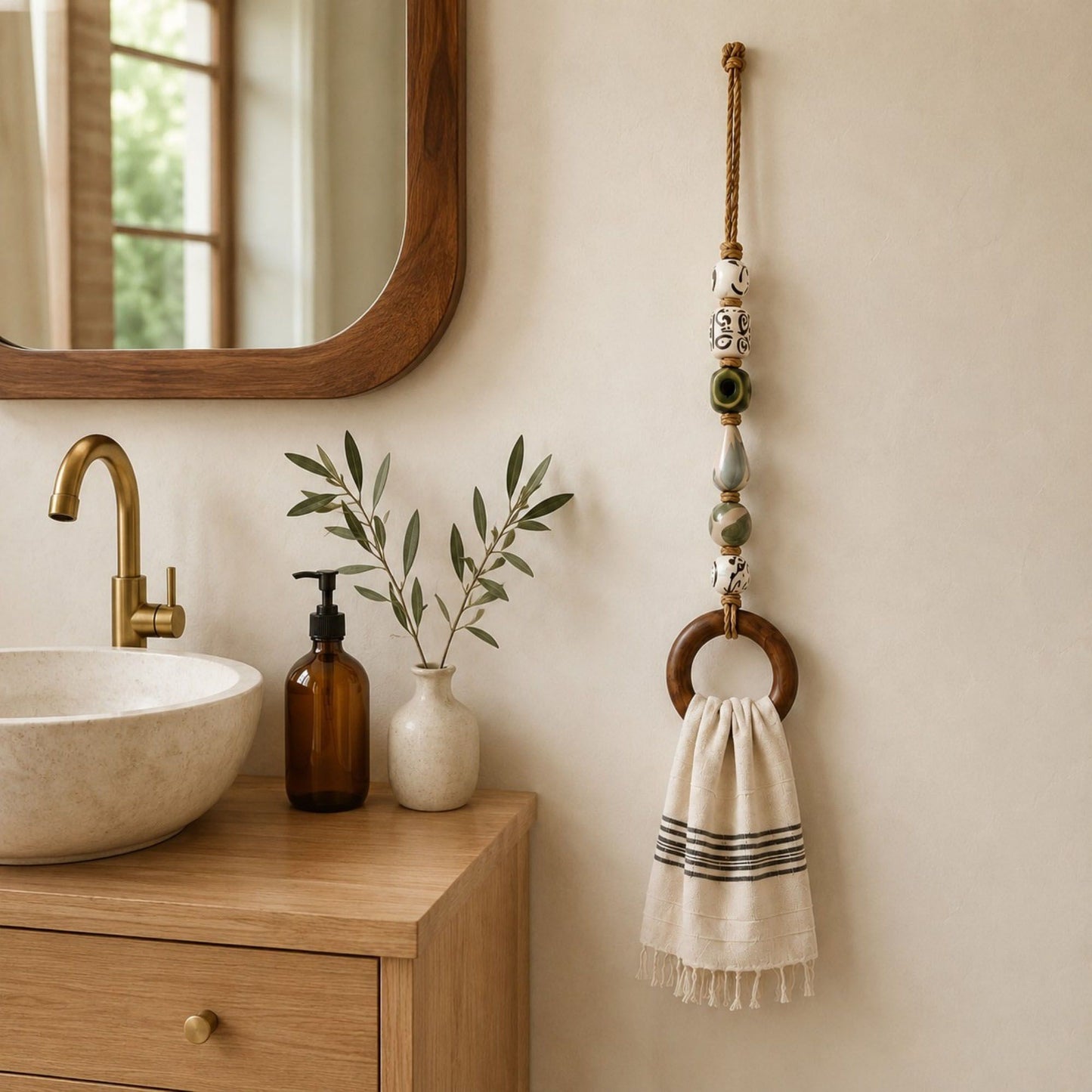 Coastal Beaded Wood Ring Towel Hanger