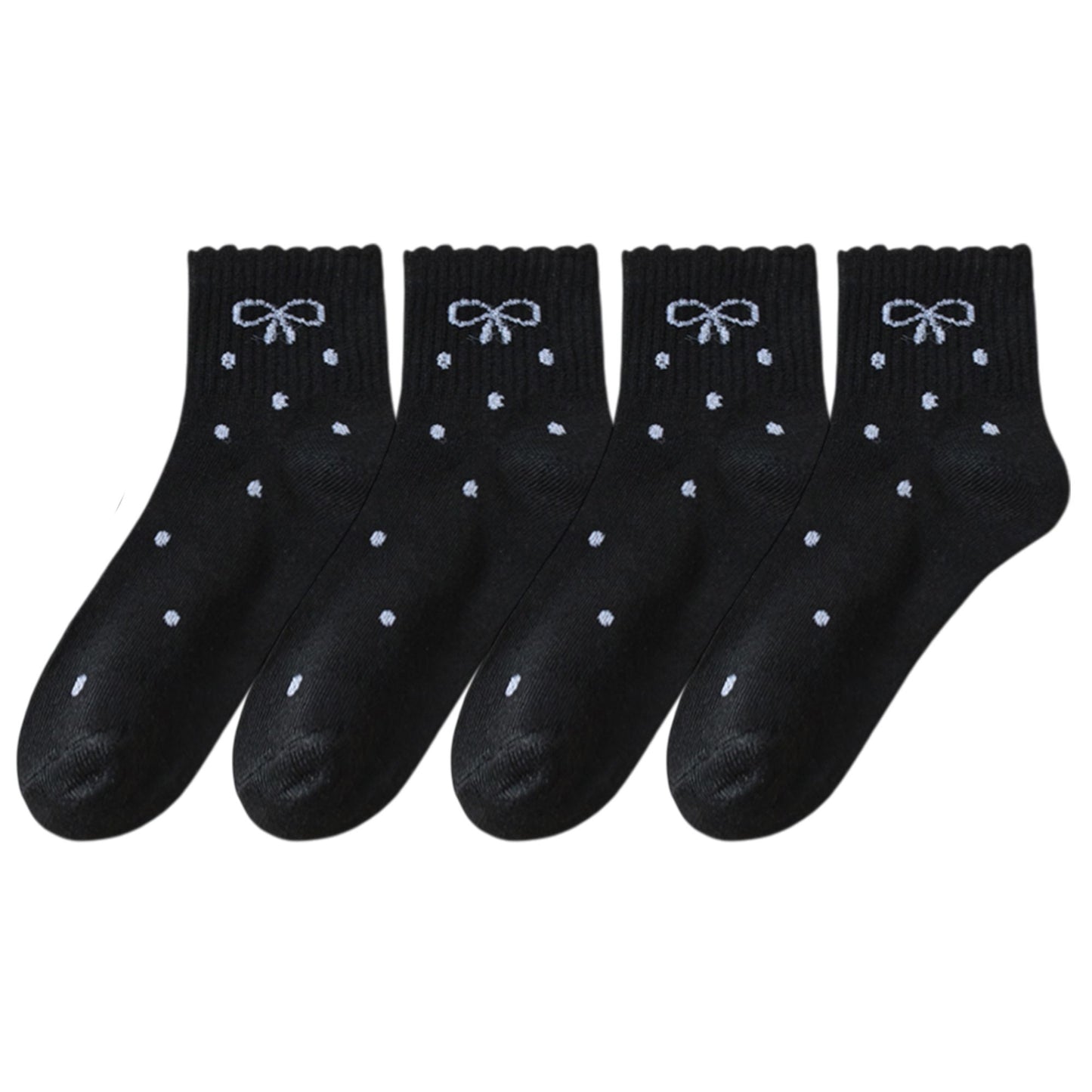 Soft Cotton Ankle Socks with Bow Embroidery Polka Dot Design 4 Pairs