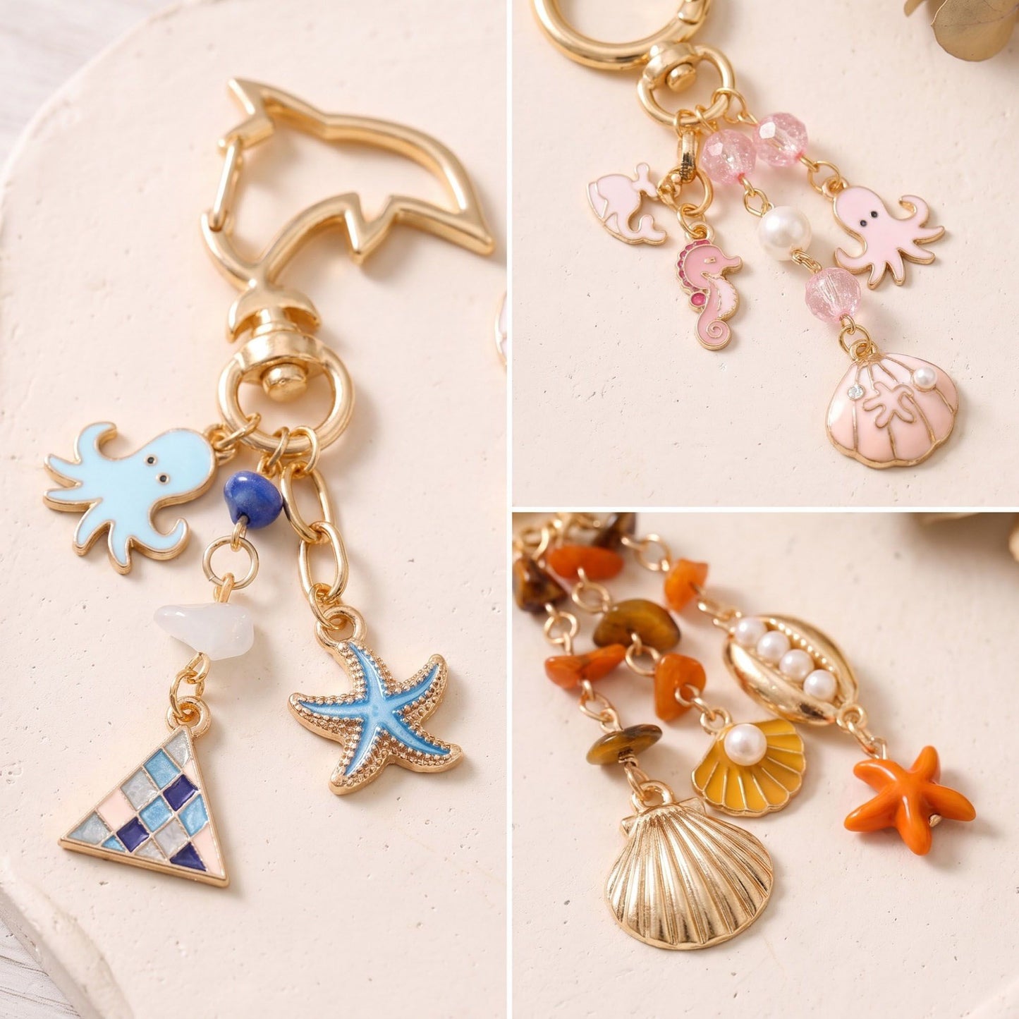 Ocean Life & Sea Creature Multi-Charm Bag Charm Key Chain 3-Piece Set