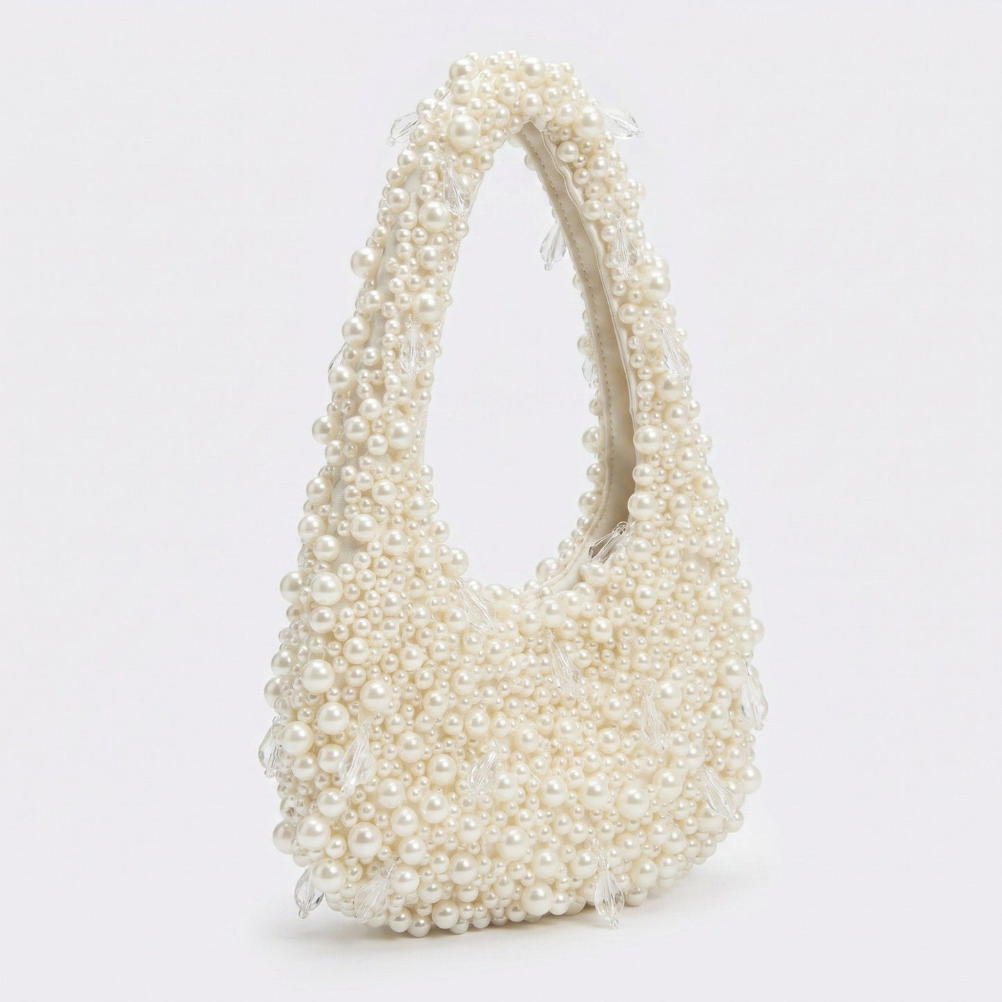Faux Pearl Embellished Shoulder Bag with Crystal Accents Hand Beaded Crescent Handbag 10x2x13.7 in