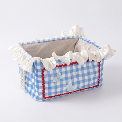 Gingham Fabric Storage Basket with Ruffle Trim and Handles