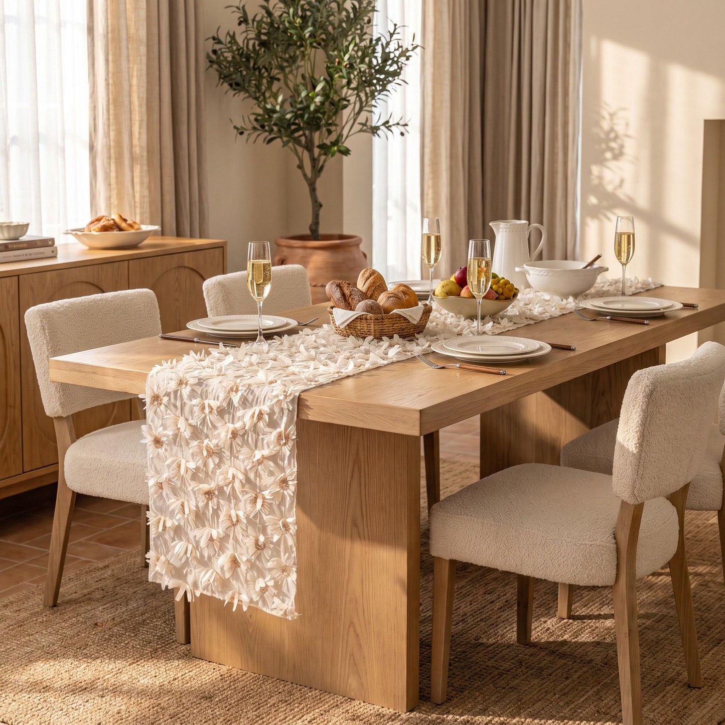 Beige 3D Floral Table Runner with Sequin Accents 13.8x47.2in