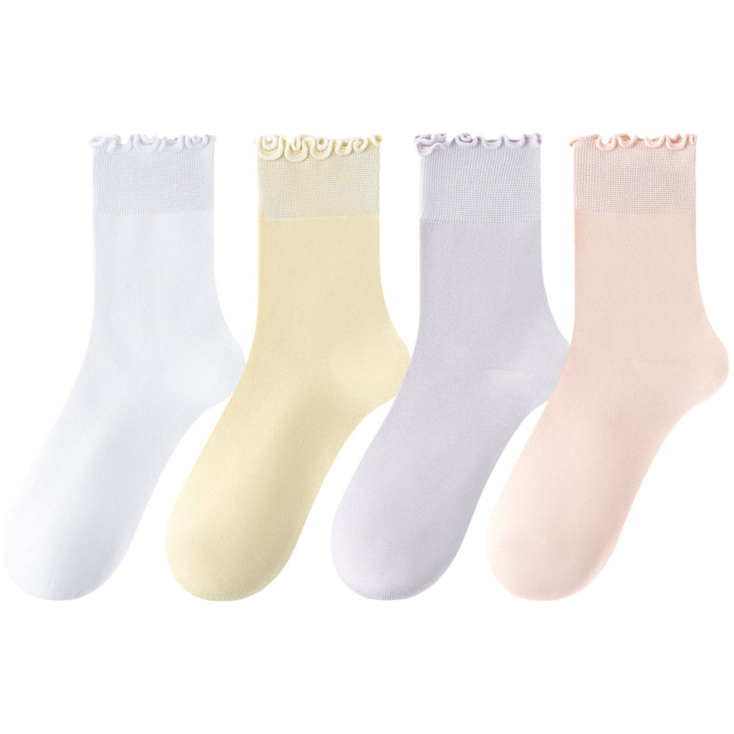 4 Pairs Women's Ruffle Edge Crew Socks Soft Stretch Cotton Blend with High Elastic Cuffs in Assorted Solid Colors