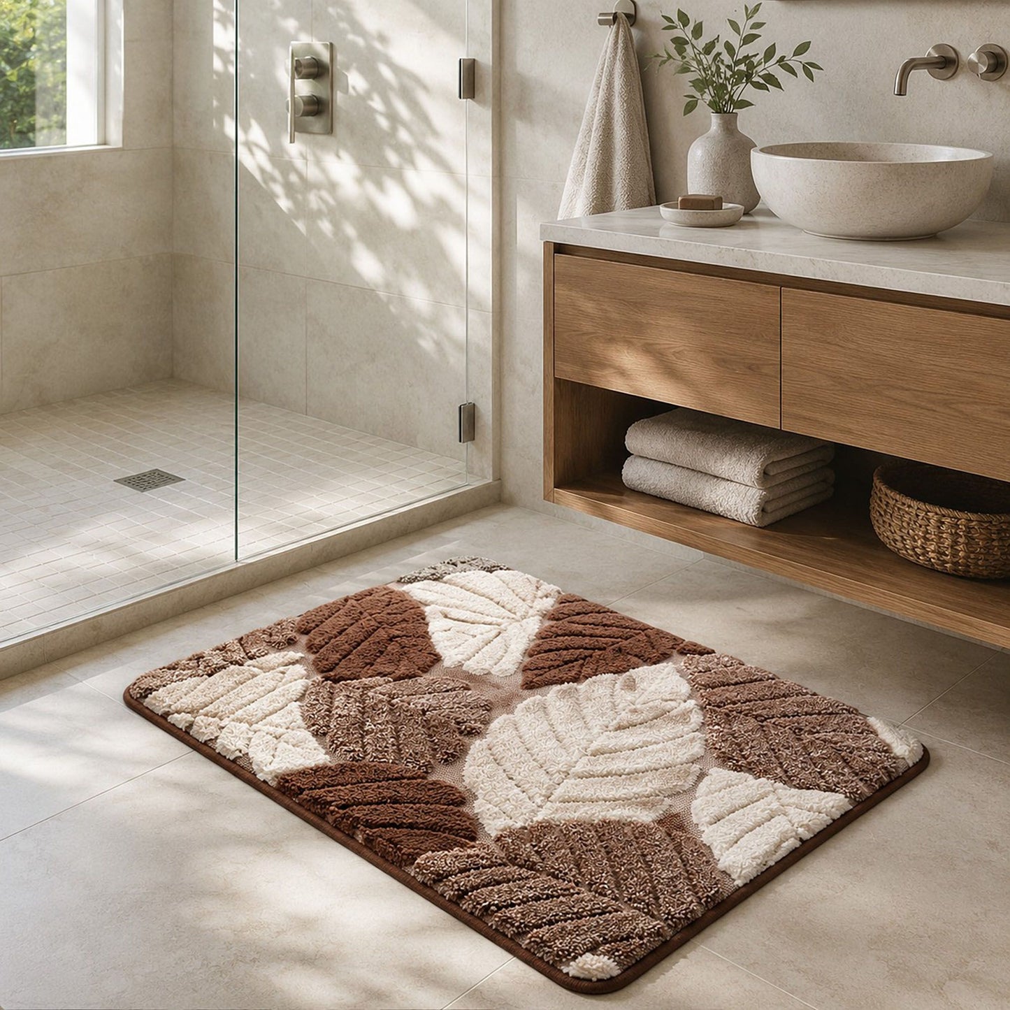 Botanical Leaf Bath Mat Nonslip Tufted Accent Rug 15.7 x 23.6 Inches
