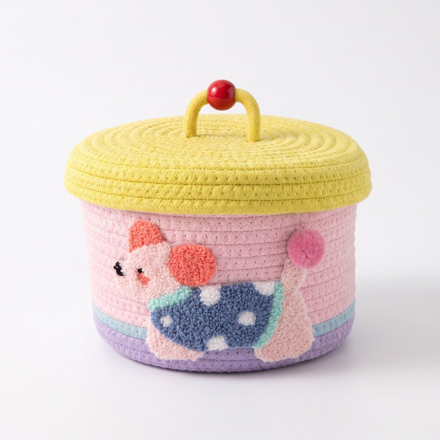 Animal Applique Woven Rope Storage Basket Lid Decorative Organizer Bin