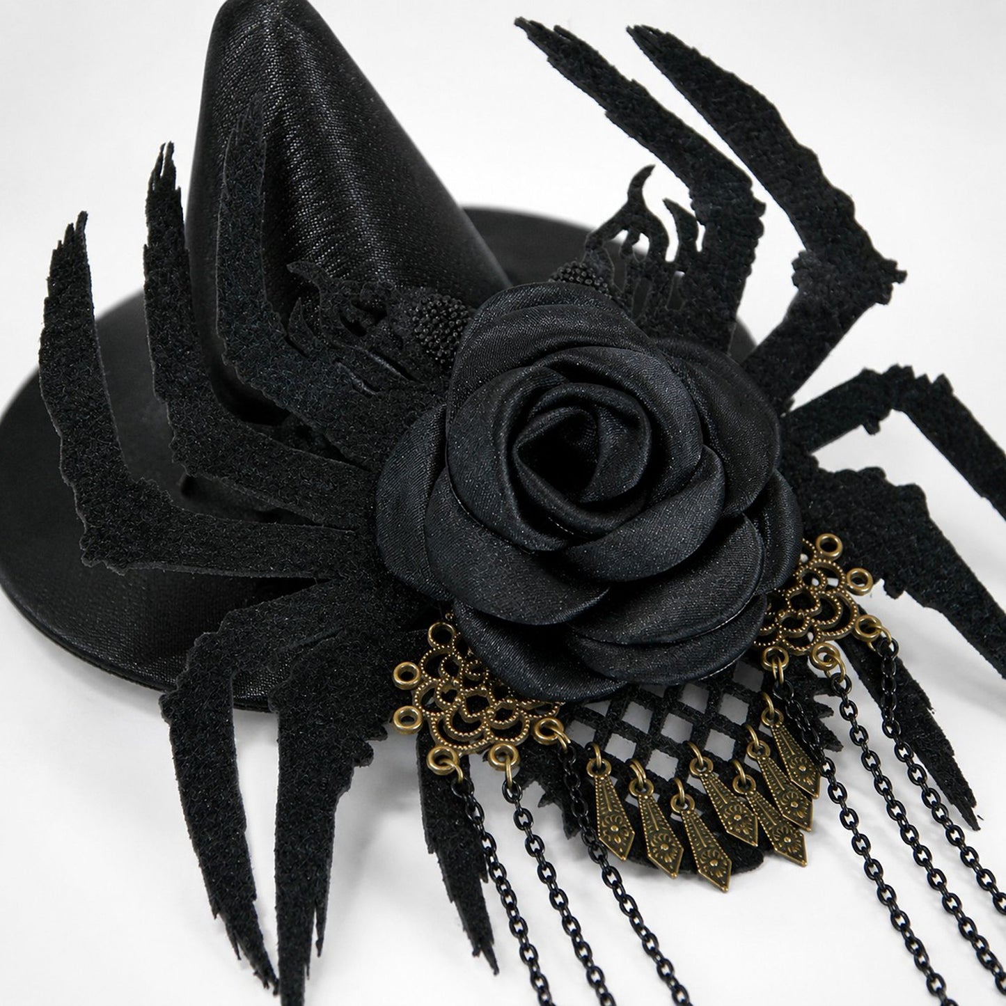 Halloween Mini Witch Hat Hair Clip with Spider Rose and Chains