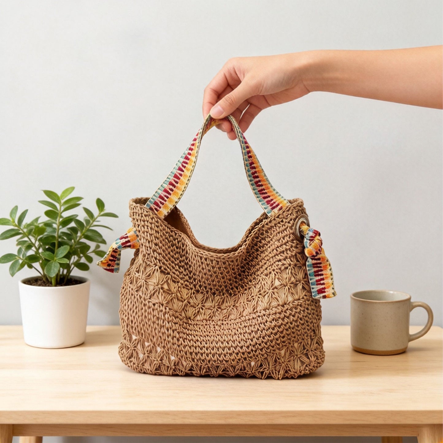 Crochet Shoulder Bag with Woven Strap Textured Knit Hobo Handbag Slouchy Boho Tote Lightweight Everyday Carryall