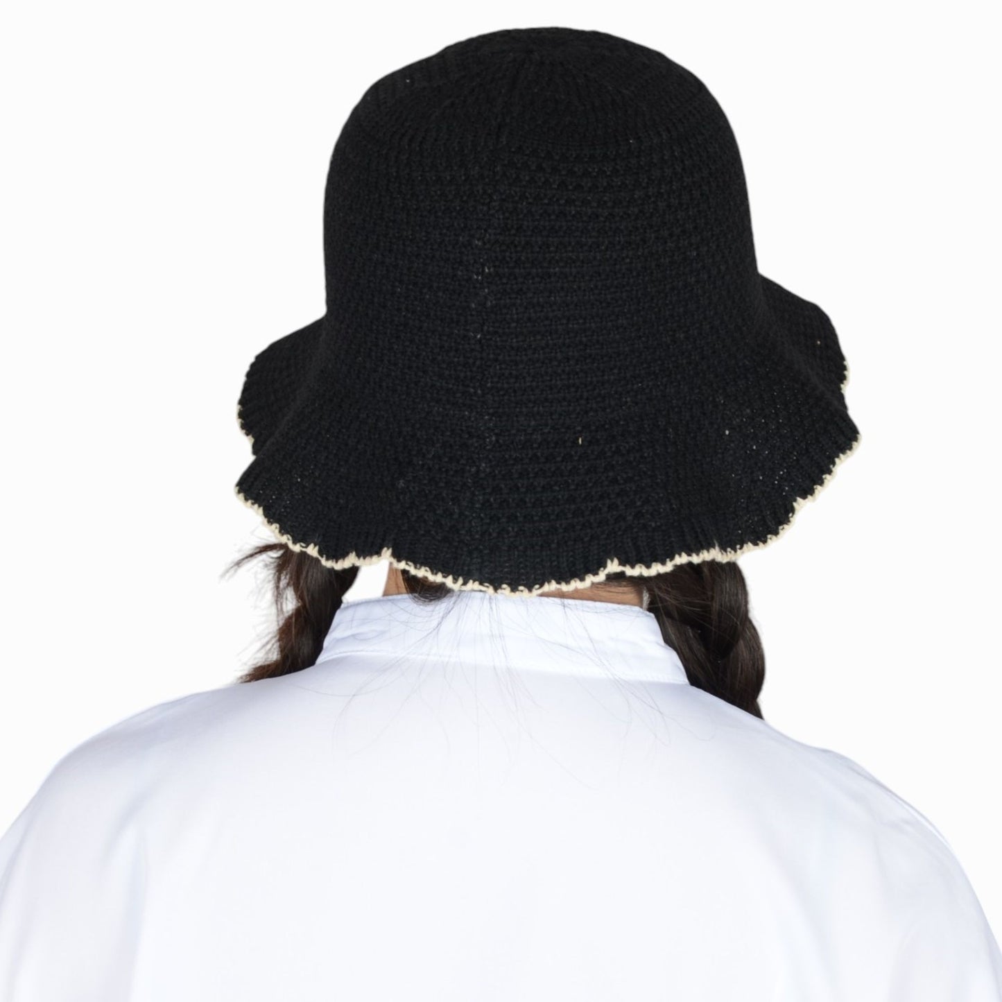 Women's Woven Floppy Bucket Hat with Scalloped Brim Edge Detail