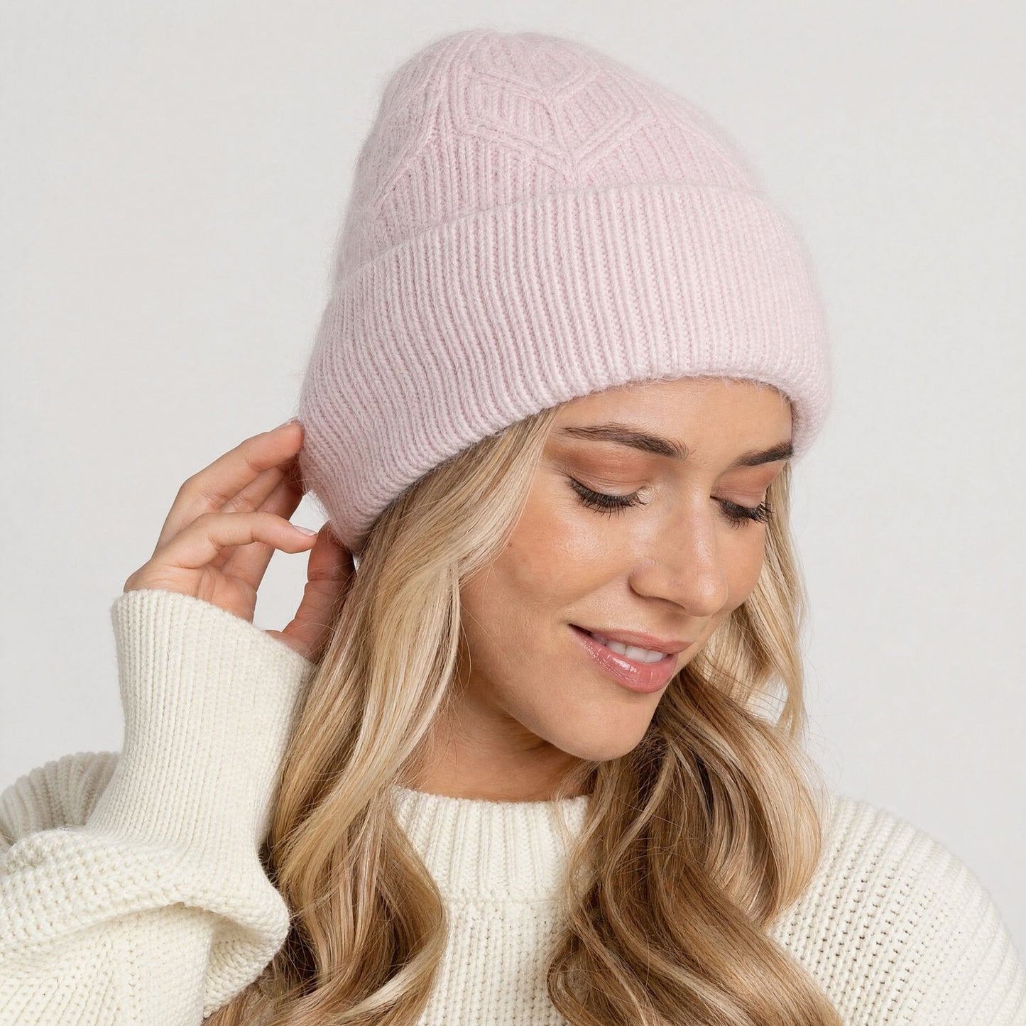 Fuzzy Knit Beanie Hat with Ribbed Cuff