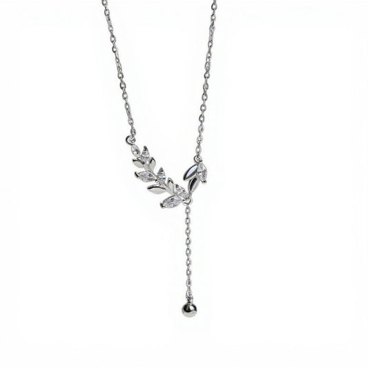 Women's Crystal Leaf Pendant Necklace with Drop Chain Accent
